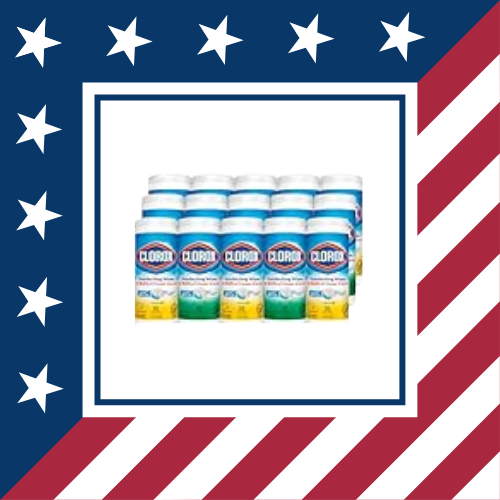 Six bottles of Clorox bleach with American flag-themed border.