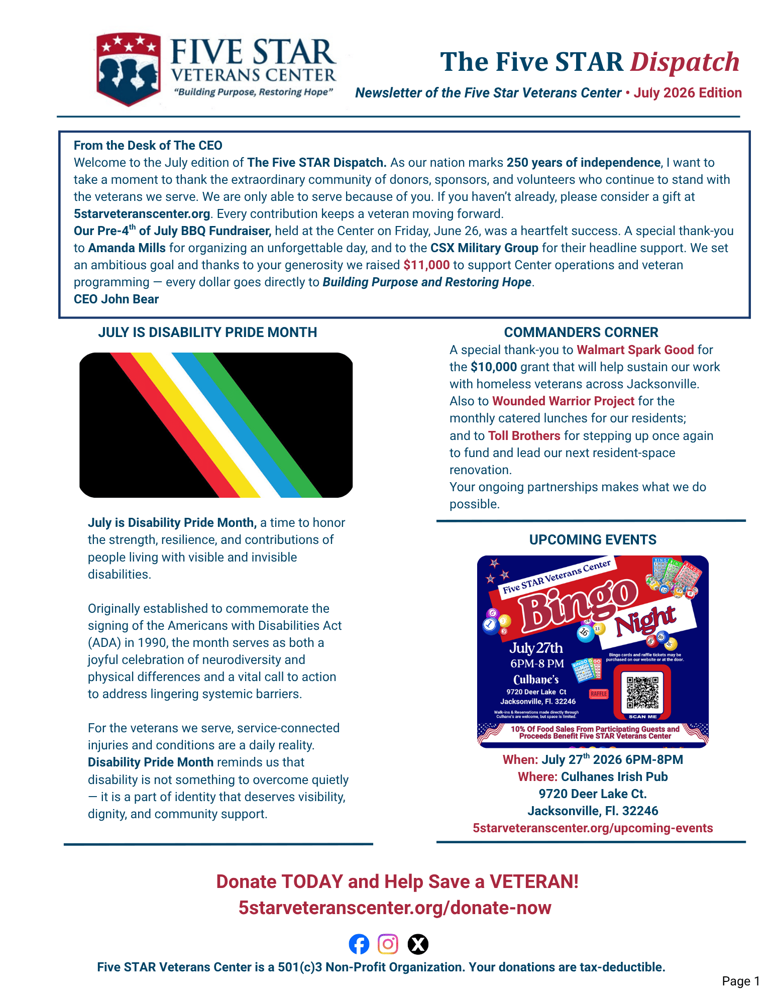 Newsletter header titled "The Five STAR Dispatch" from the Five Star Veterans Center, July 2026 edition, with logo featuring three silhouettes of veterans in profile, red, white, and blue color scheme. The newsletter discusses veterans events, the significance of Disability Pride Month, and upcoming fundraising events with a bingo night poster for July 27th at Culhane's Irish Pub in Jacksonville, Florida.