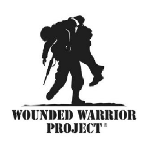 Silhouette of a soldier carrying a wounded comrade, with the text "Wounded Warrior Project" below.