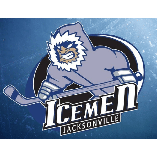 Logo of the Jacksonville Icemen hockey team featuring a lion in a hockey hoodie holding a hockey stick.