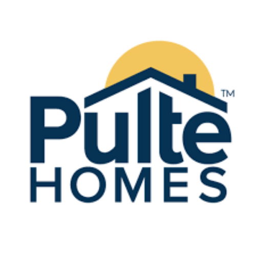Logo for Pulte Homes with a house roof and sun background.