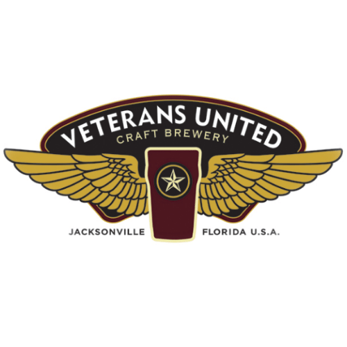 Logo of Veterans United Craft Brewery featuring a shield with a star and wings, located above the text 'Veterans United Craft Brewery' with 'Jacksonville, Florida U.S.A.' below.