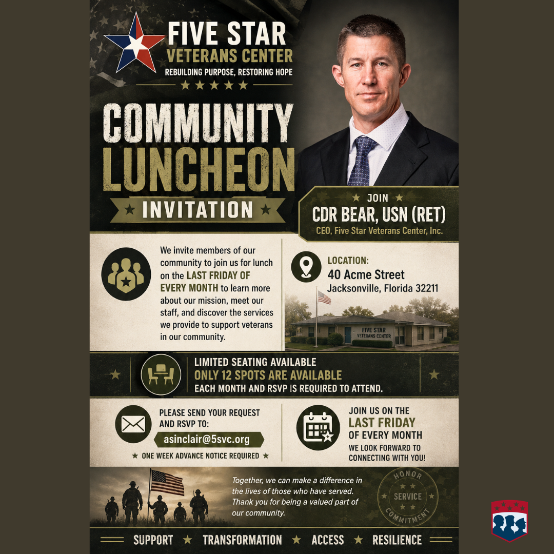 Invitation poster for a community luncheon at Five Star Veterans Center featuring a photo of a man in a suit, with event details including date, location, contact info, and a graphic of veterans.