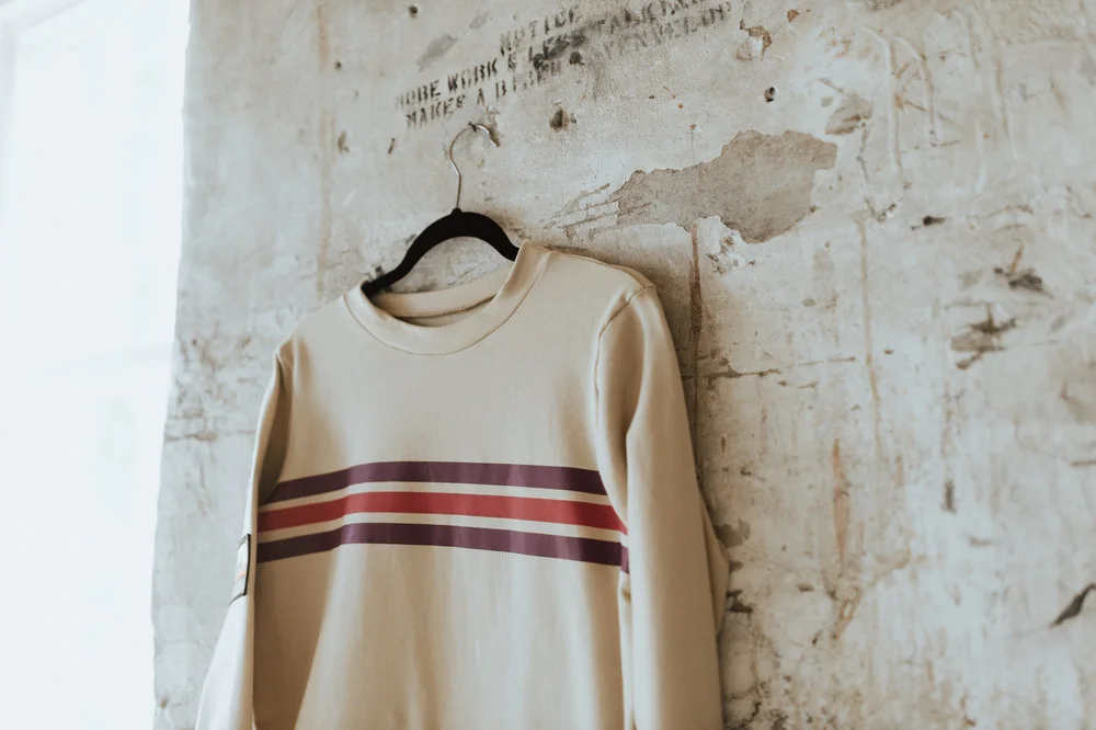 Patched Crew Sweatshirt, Beige with Purple/Pink Stripe Detail – Sugarfoot Apparel