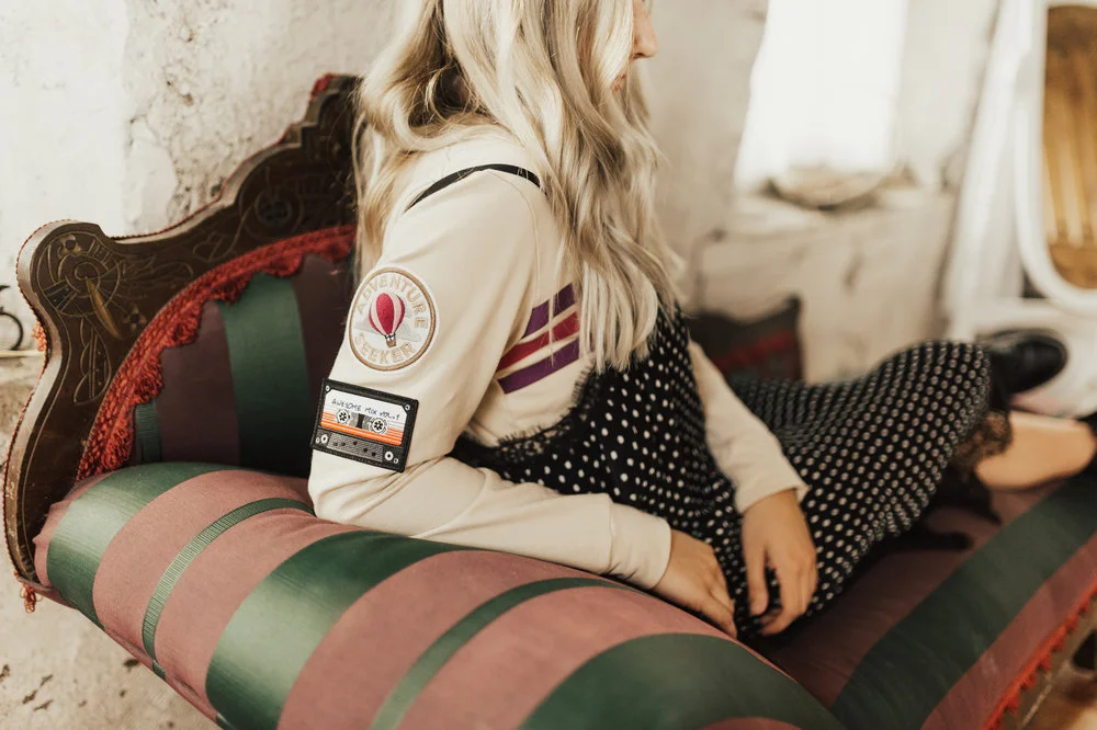 Patched Crew Sweatshirt, Beige with Purple/Pink Stripe Detail – Sugarfoot Apparel