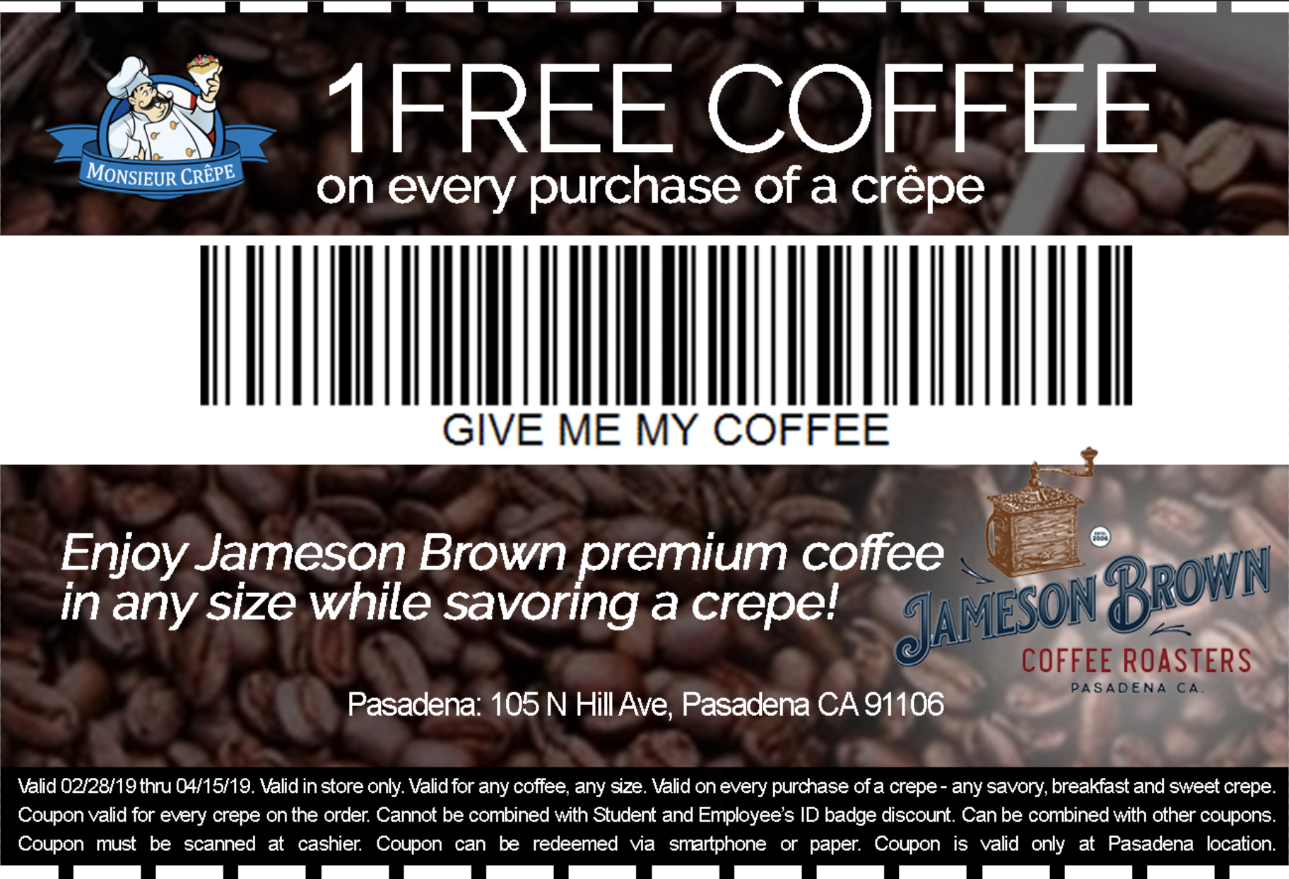 Coupon Monsieur Crepe 1 Free Coffee Promotion Discount.png