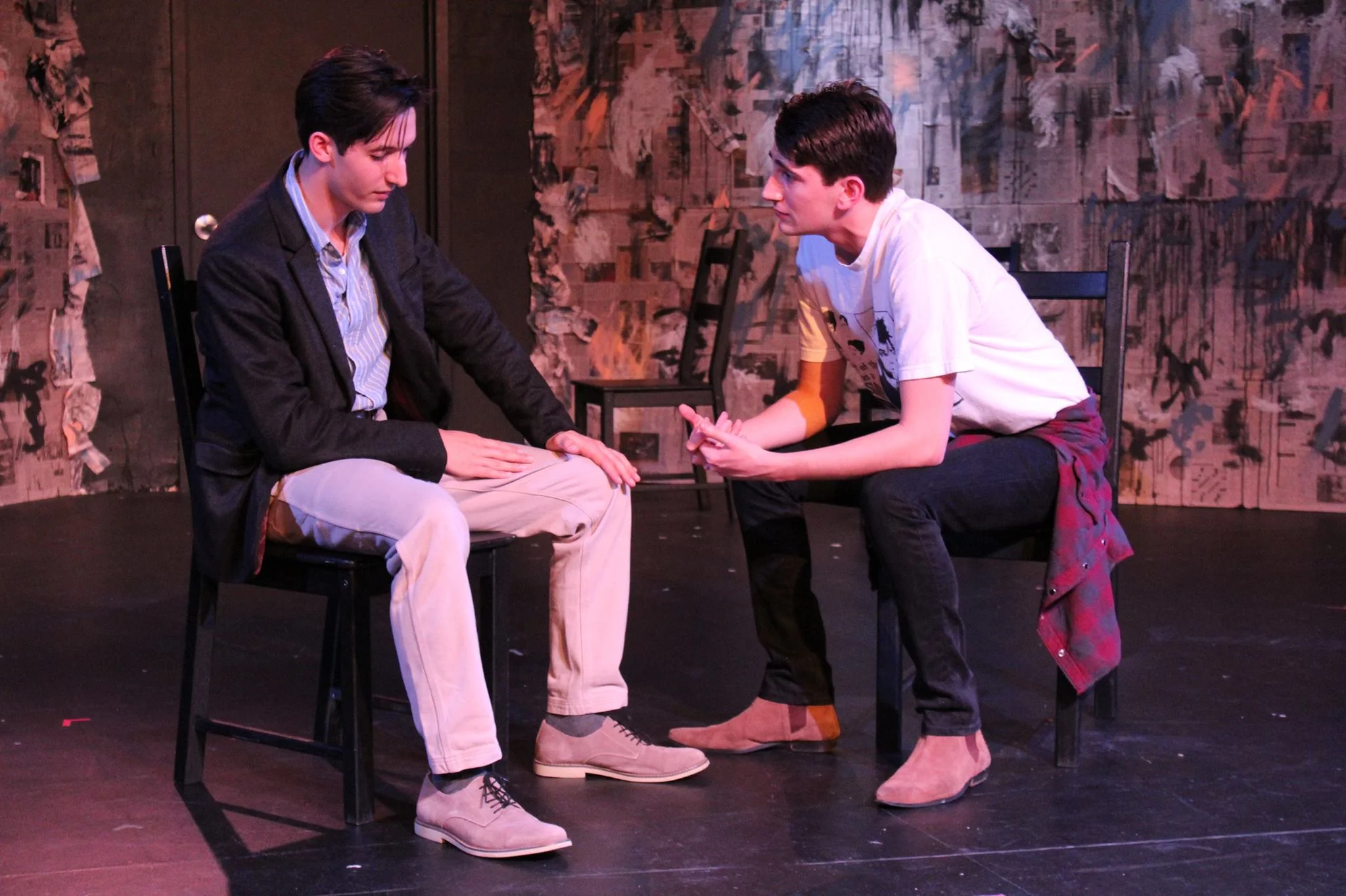 In a cheerless reunion between old childhood friends, Frank, right, played by Jules Tanner, carefully relays the information that his father is on trial for molesting him as a child. He suspects that Jamie, left, played by Brendan Gilhooly, may also have been another victim of his father and presses him to consider the possibility.
