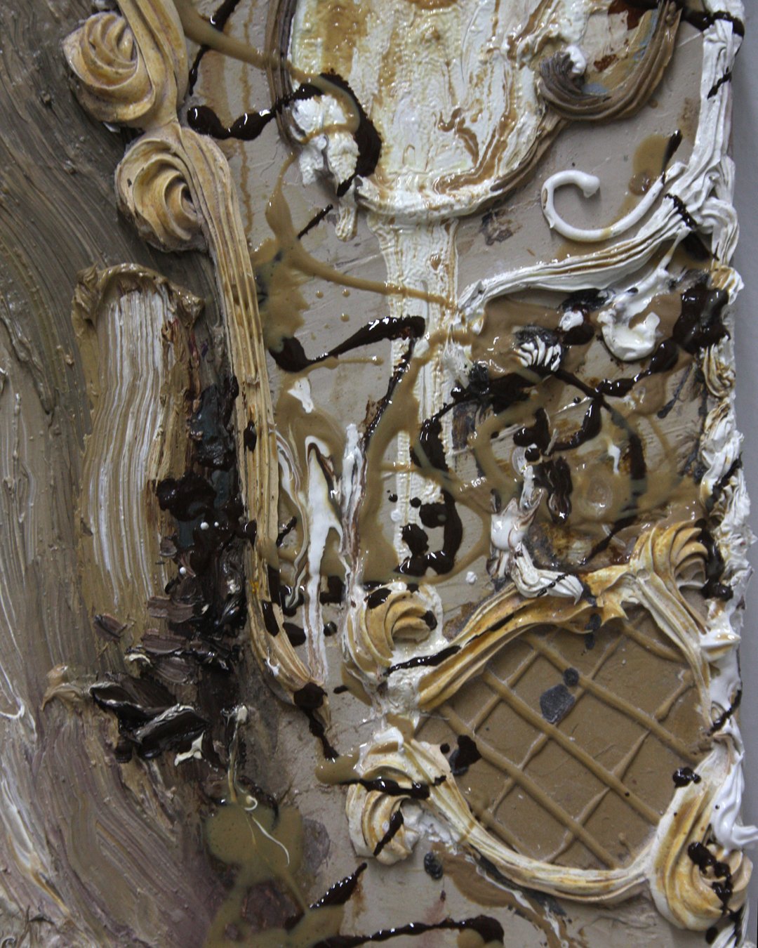 Coffee cake with chocolate syrup, caramel and cream. (Ice cream fresco series, 2021)