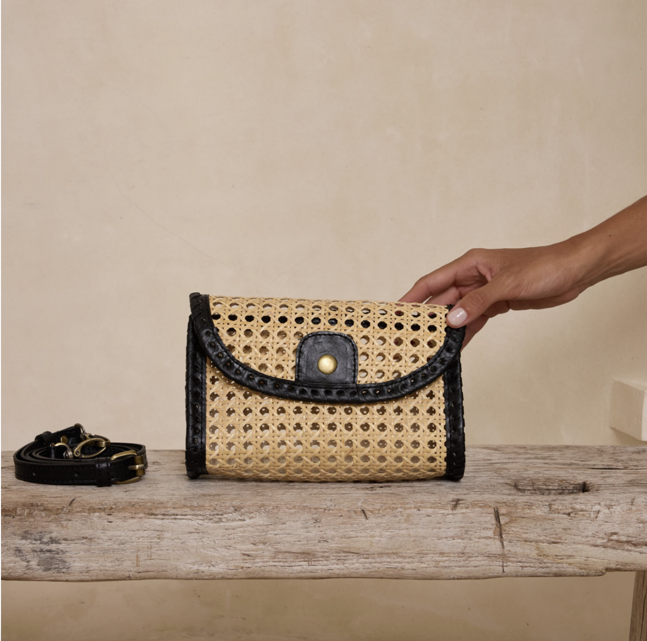 Rattan & Black Leather Crossbody Clutch