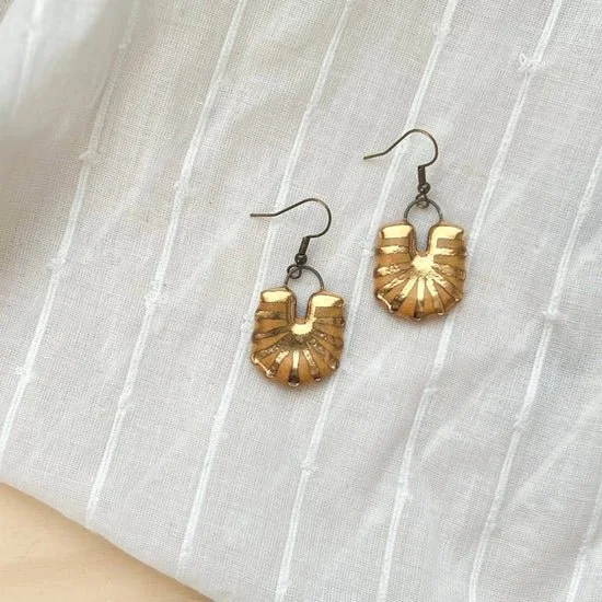 Yellow Scalloped & Gold Striped Ceramic Earrings
