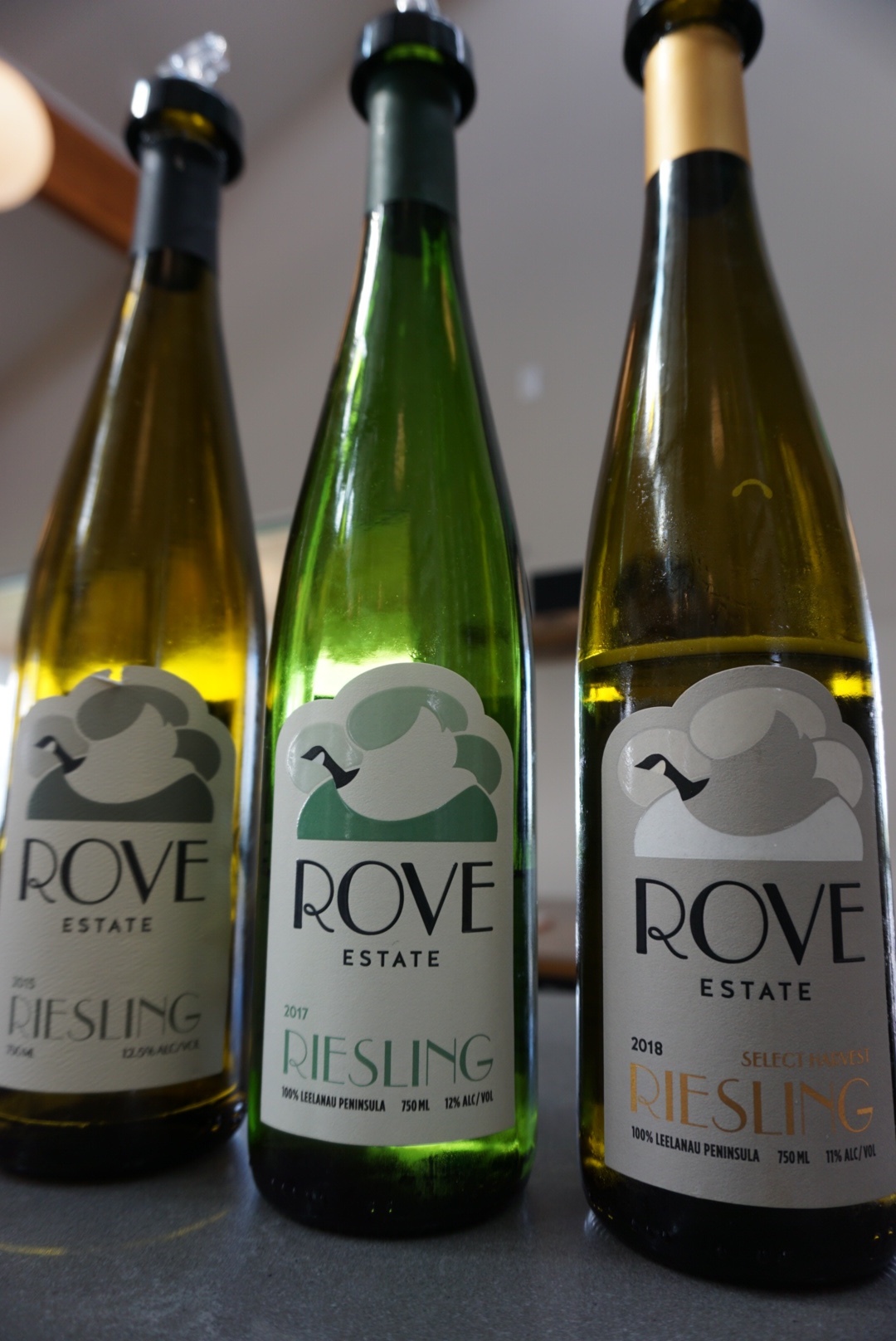 Lineup of dry, off dry and late harvest Rieslings.