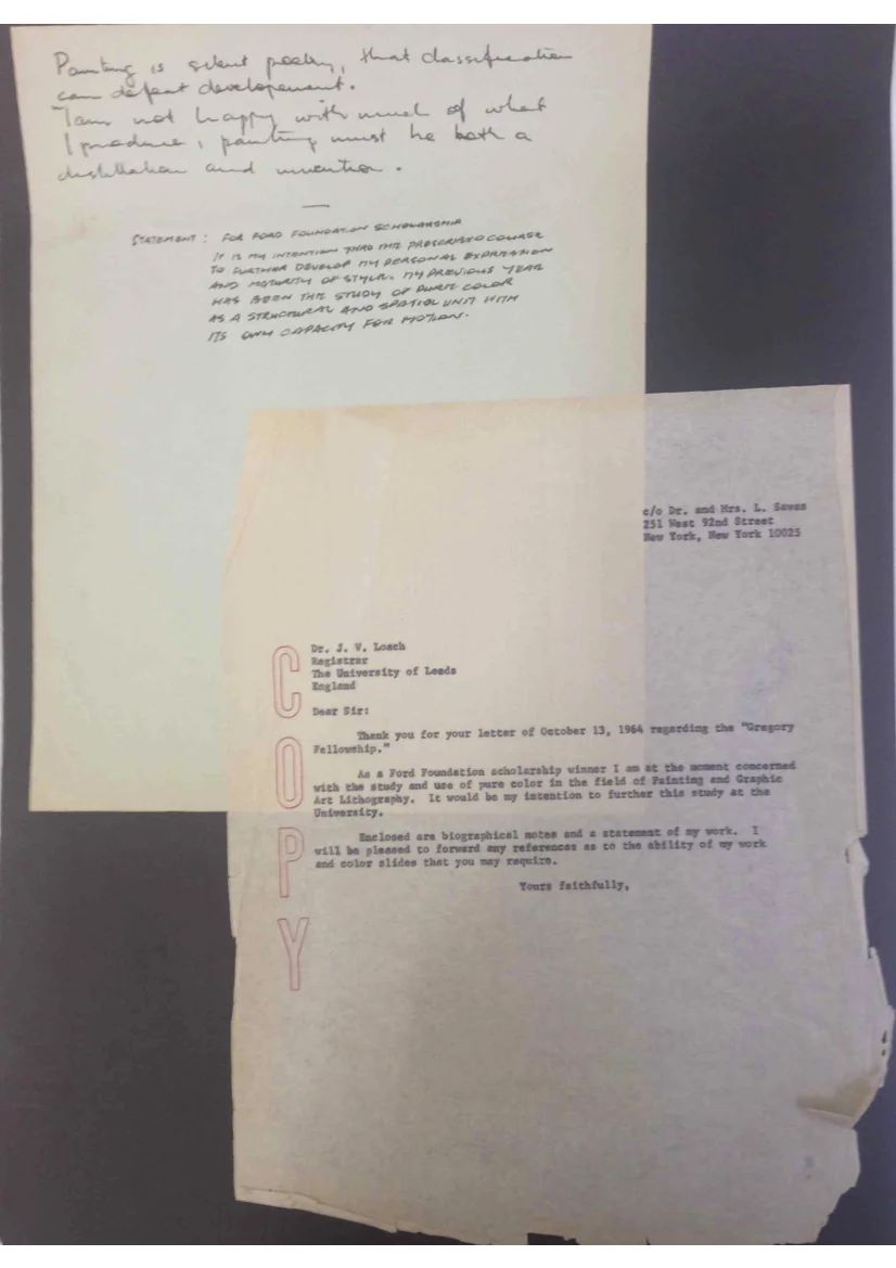 Sydney Ball’s statement and letter for the Ford Foundation Scholarship, circa 1964.