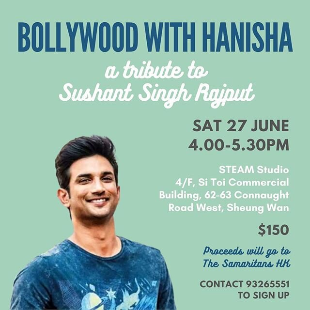 Something felt strange and unfair about this, he really went too soon. Join me this Saturday for a tribute to the late @sushantsinghrajput. I will be donating class proceeds to @samaritans_hk: a HK-based suicide prevention group working to emotionall