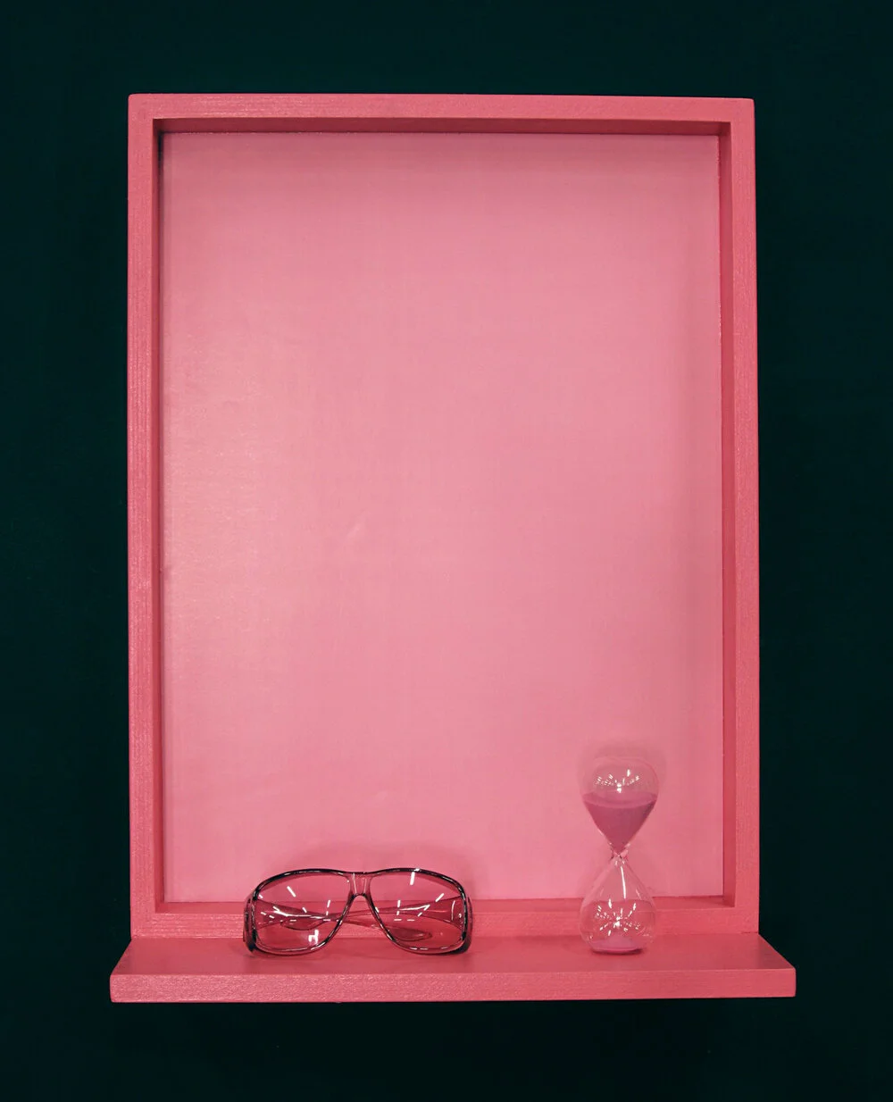 Appetite Apparatus #1 (Baker-Miller Pink, Suppressant), 2011 Wood, paint, color poster, Baker-Miller Pink color therapy glasses, 15 minute sand timer 18X24 inches, duration 15 minutes