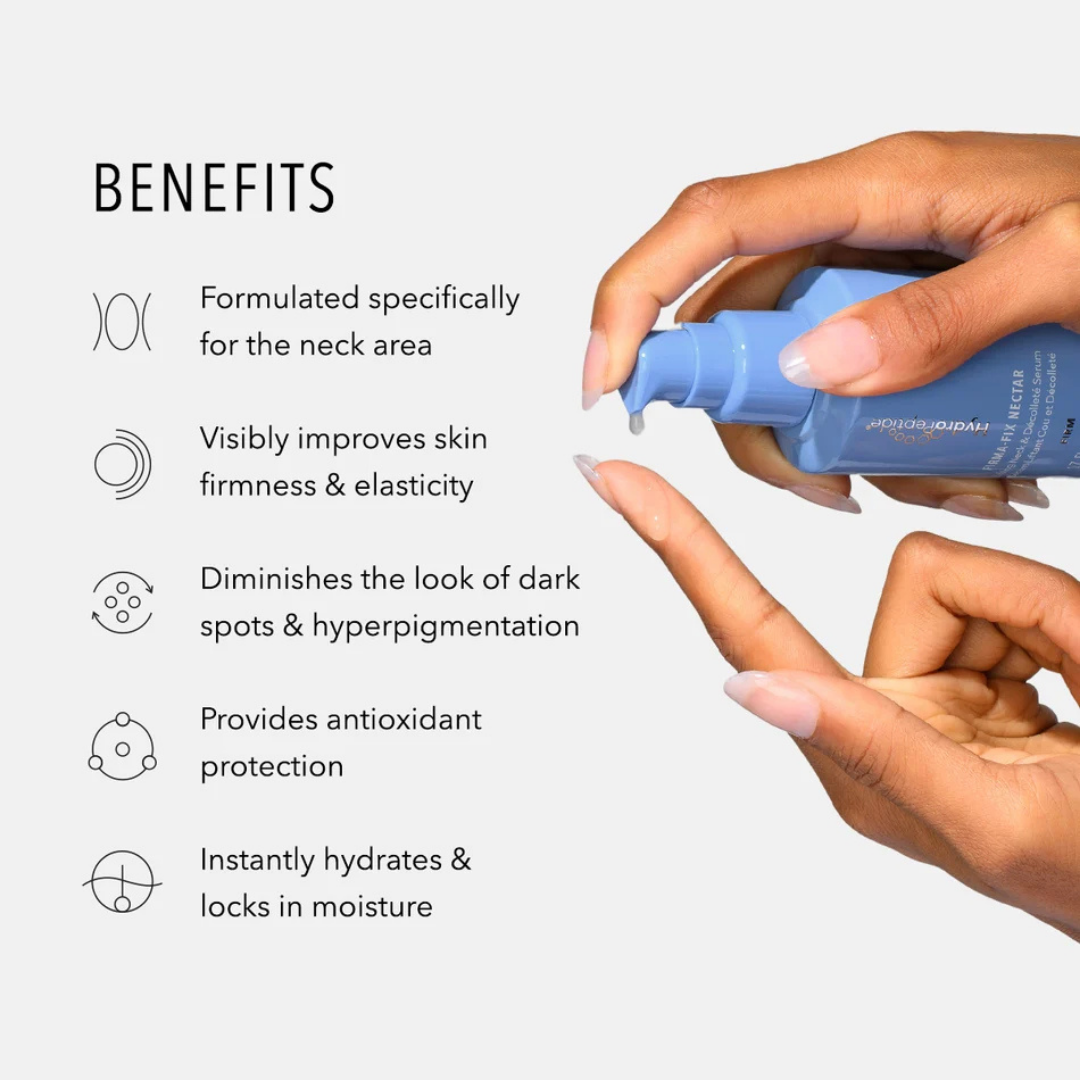 HydroPeptide Firma-Fix Nectar benefits for neck firmness, elasticity, hydration and uneven pigmentation