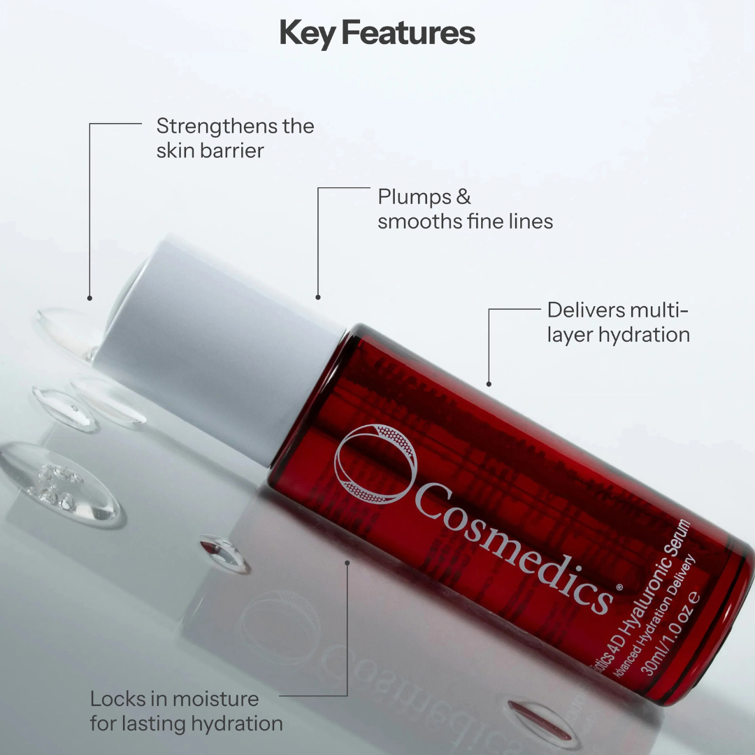 O COSMEDICS 4D Hyaluronic Serum featuring four forms of Hyaluronic Acid to deliver hydration across multiple skin layers for plumper, smoother-looking skin.