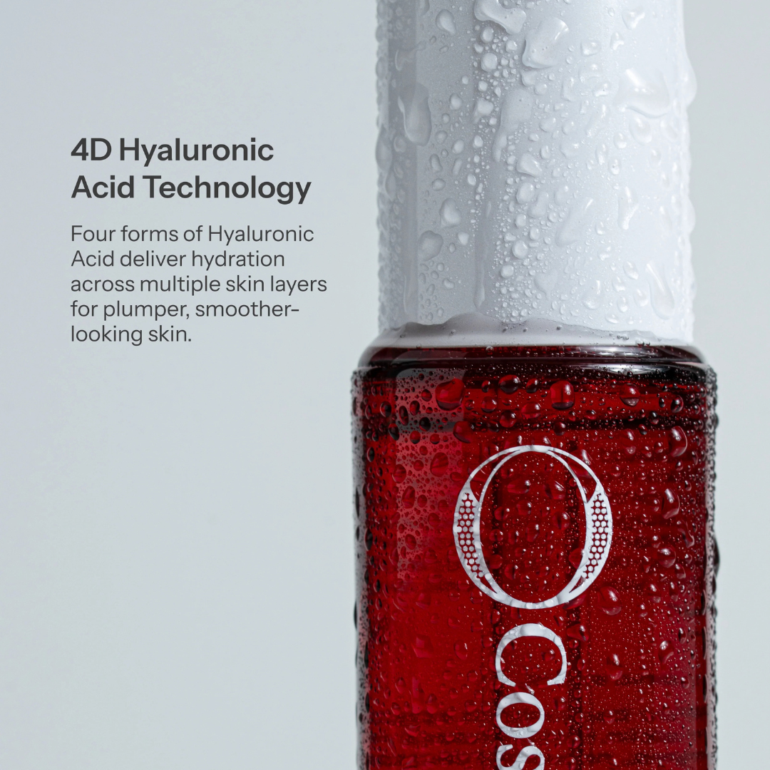 O COSMEDICS 4D Hyaluronic Serum key benefits including multi-layer hydration, skin barrier support, moisture retention and visibly plumper, smoother fine lines.