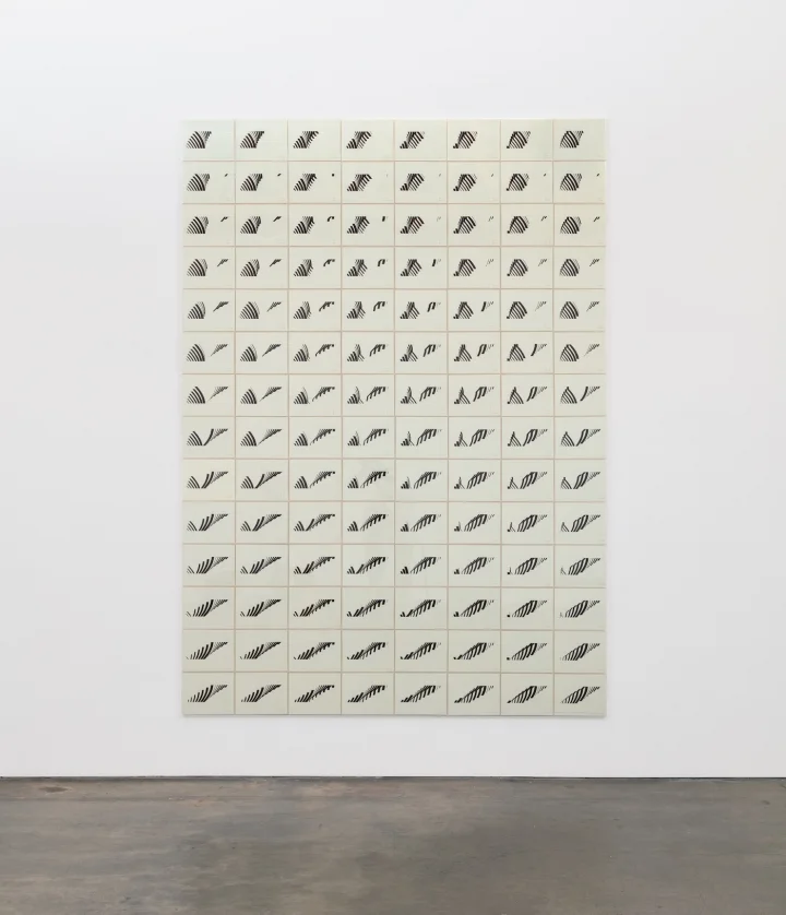 Channa Horwitz, “Variation and Inversion on a Rhythm IV” (1976), black ink on green graph paper, 112 elements, each: 8.5 x 10.75 inches. Photo courtesy of Hyperallergic.
