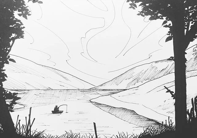 Prompt number 3 is #bait 
This one will come back later in a different prompt so stay tuned:)
- - 
@jakeparker @inktober #inktober2019 #inktober #landscape #lake #water #fisherman #fishing #nature #mountains