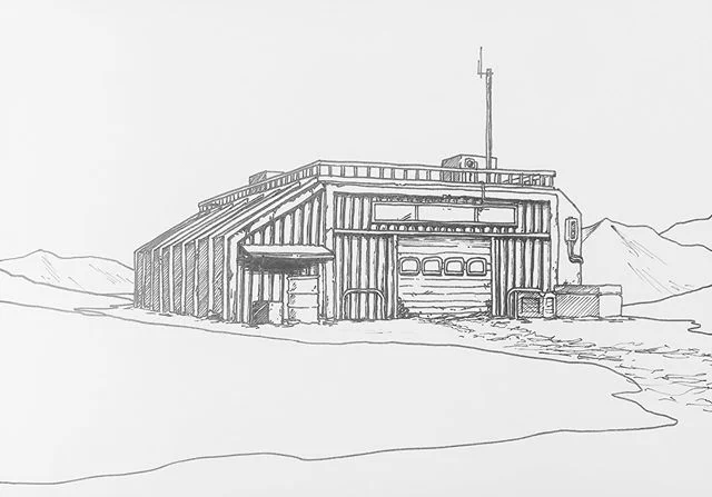 Prompt number 4 is called #freeze and with as well this one as my first drawing, I used a 3d render as sketch. With shading for light reference and an outline version for my lines. This really helps with the perspective of bigger stuff like buildings