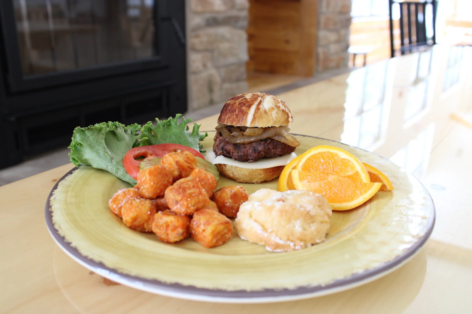 Hamburger, sweet potato tots, and lemon cookie