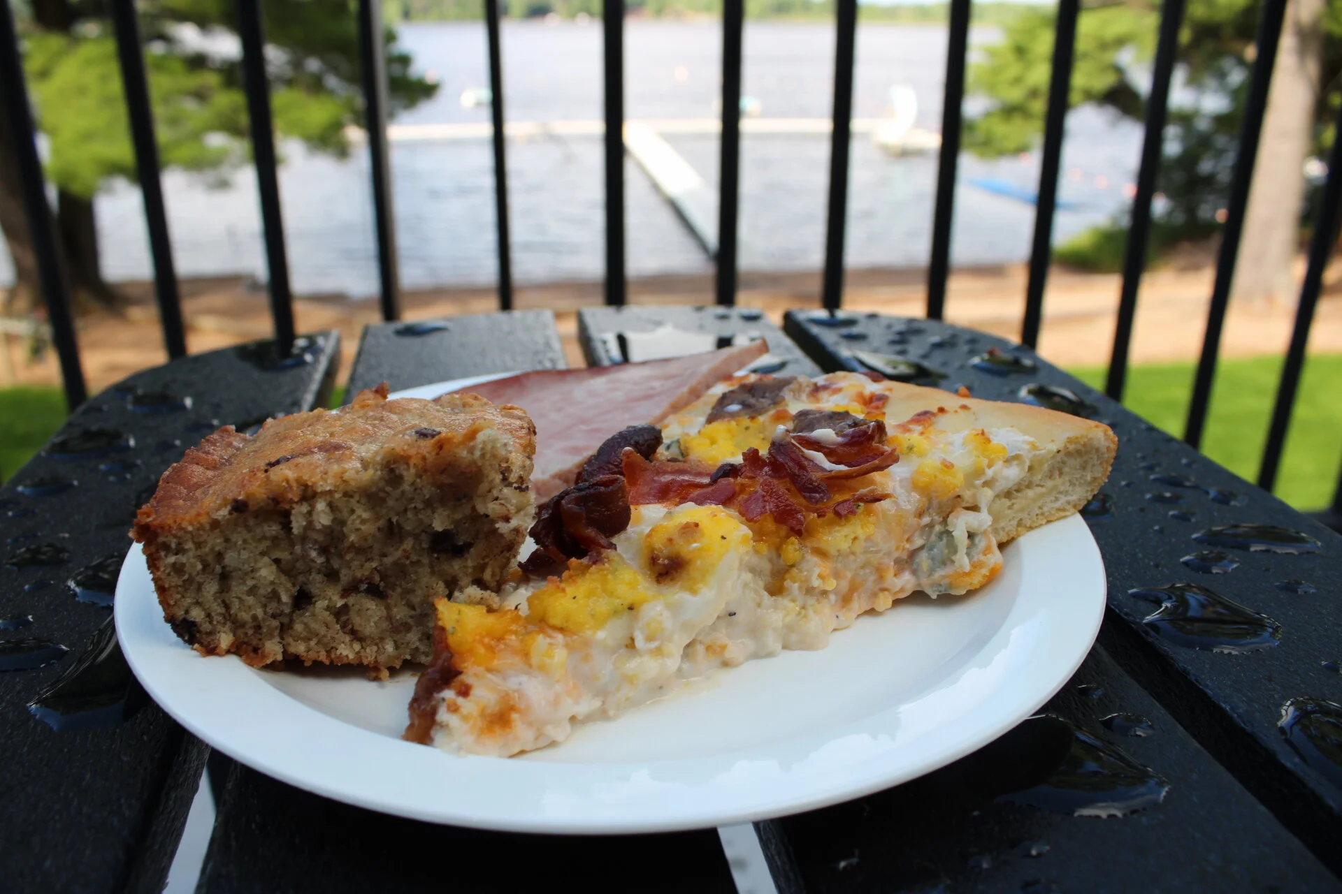 Breakfast pizza, chocolate chip banana bread, and ham slice