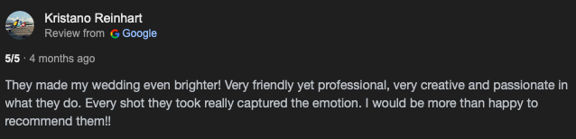 Avis client pour Seiji Mori Studio photographe de mariage à Lyon