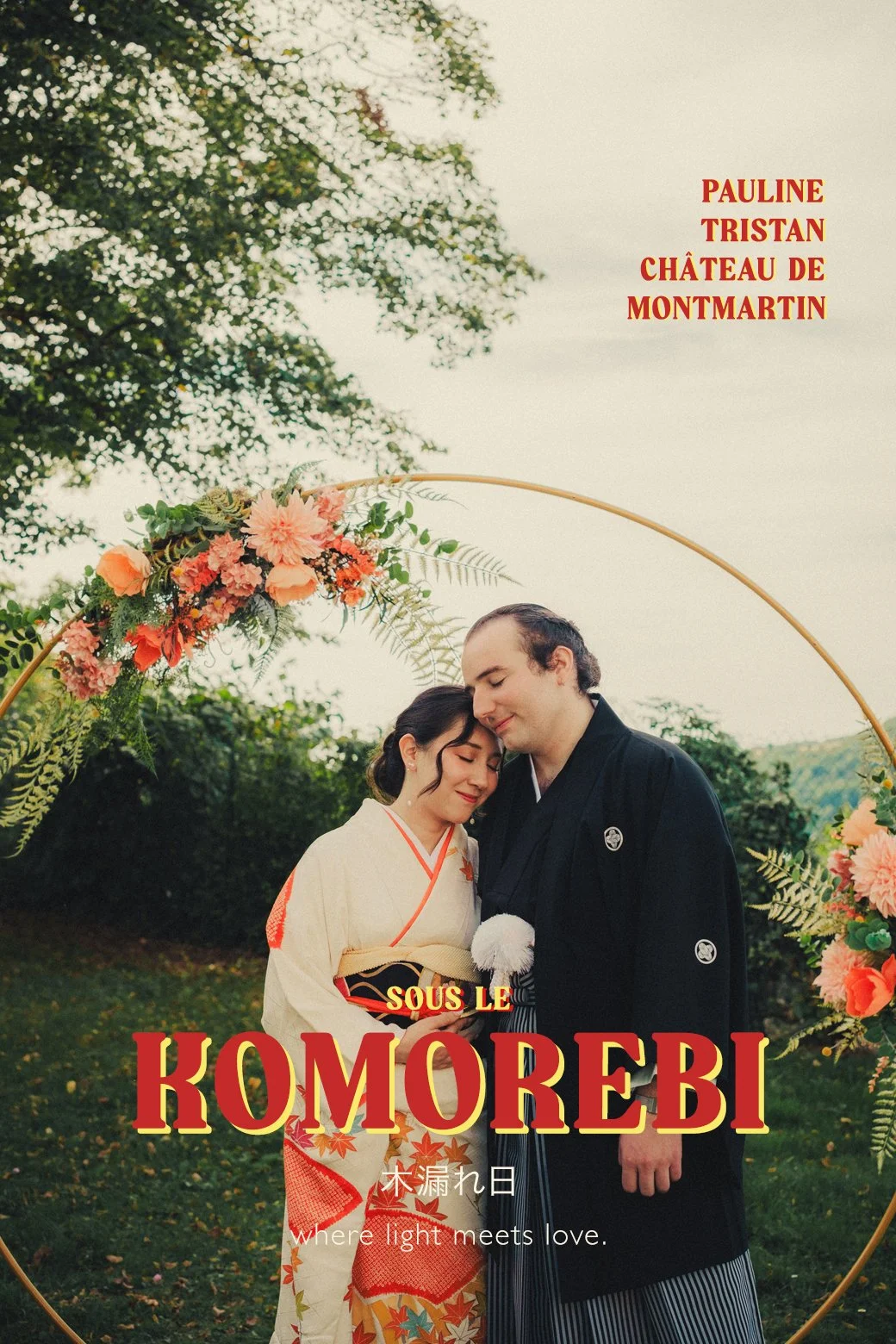 French-Japanese couple wearing traditional kimonos at their France wedding before the ceremony.