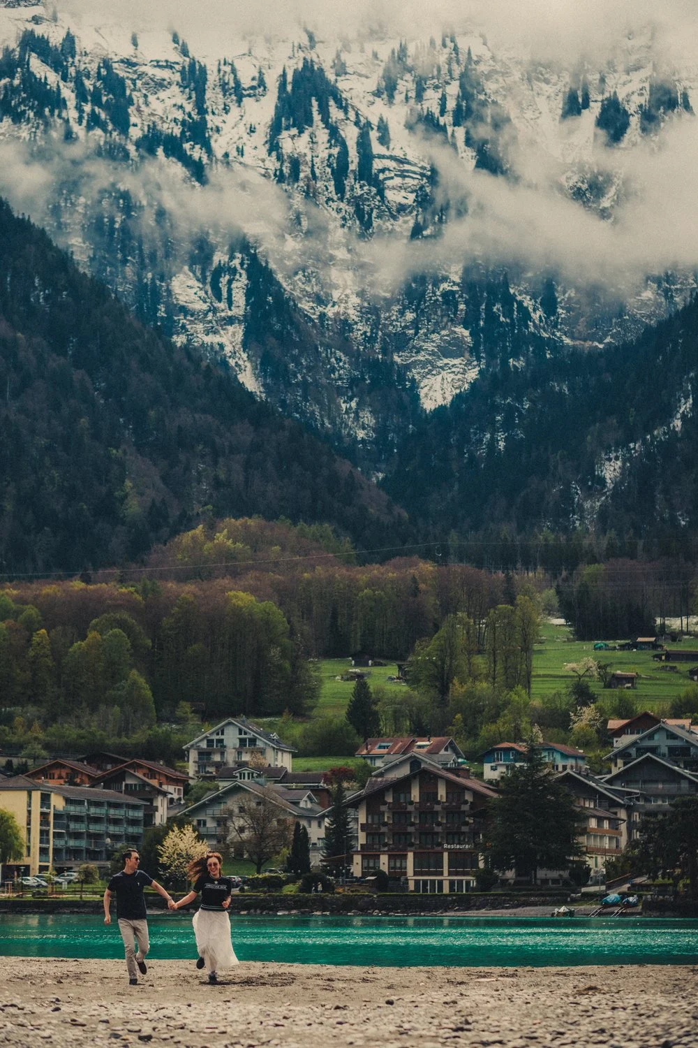 Couple during their honeymoon in Switzerland at Lake Brienz near Interlaken.