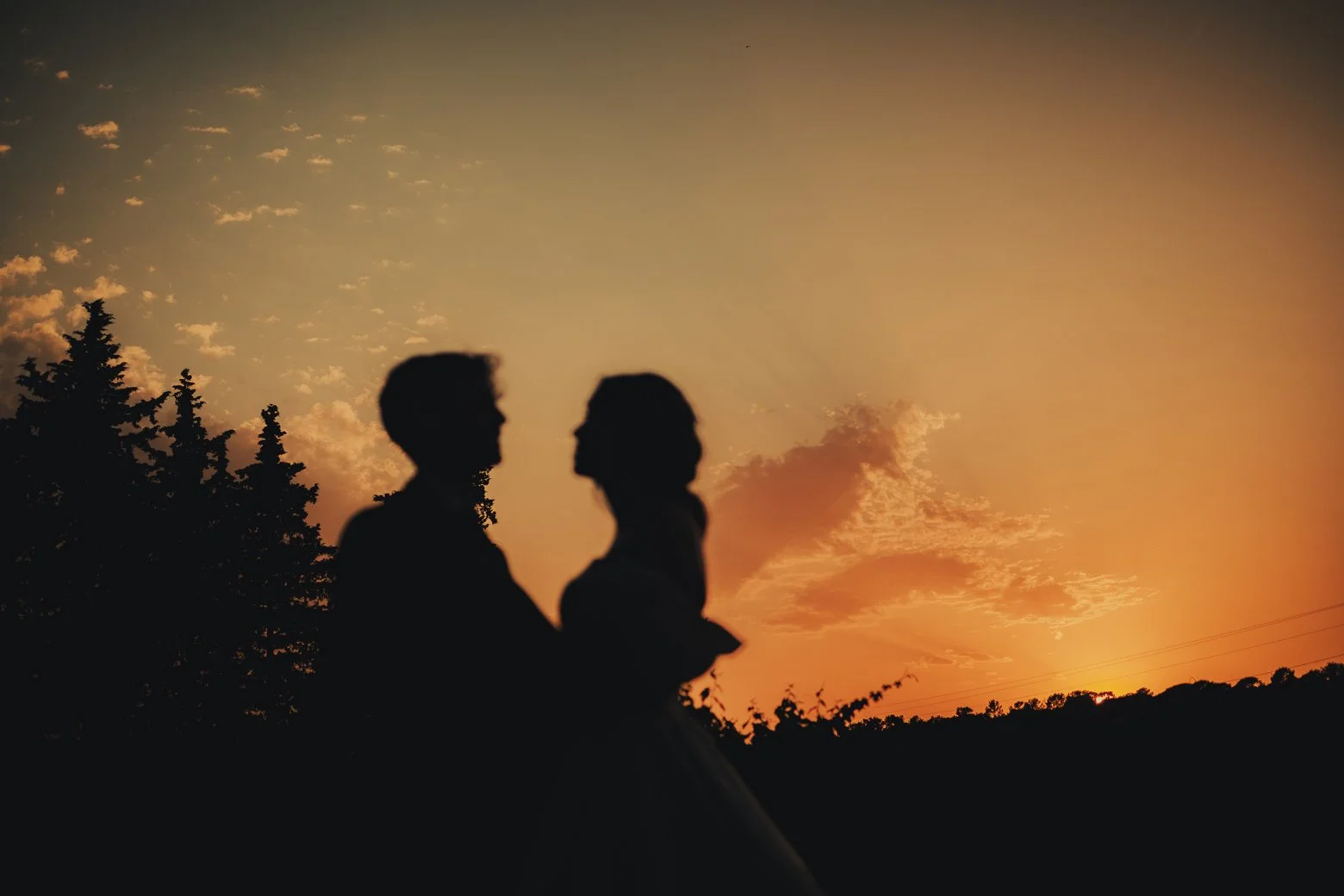 Photo artistique en silhouette d’un couple lors d’un mariage d’été