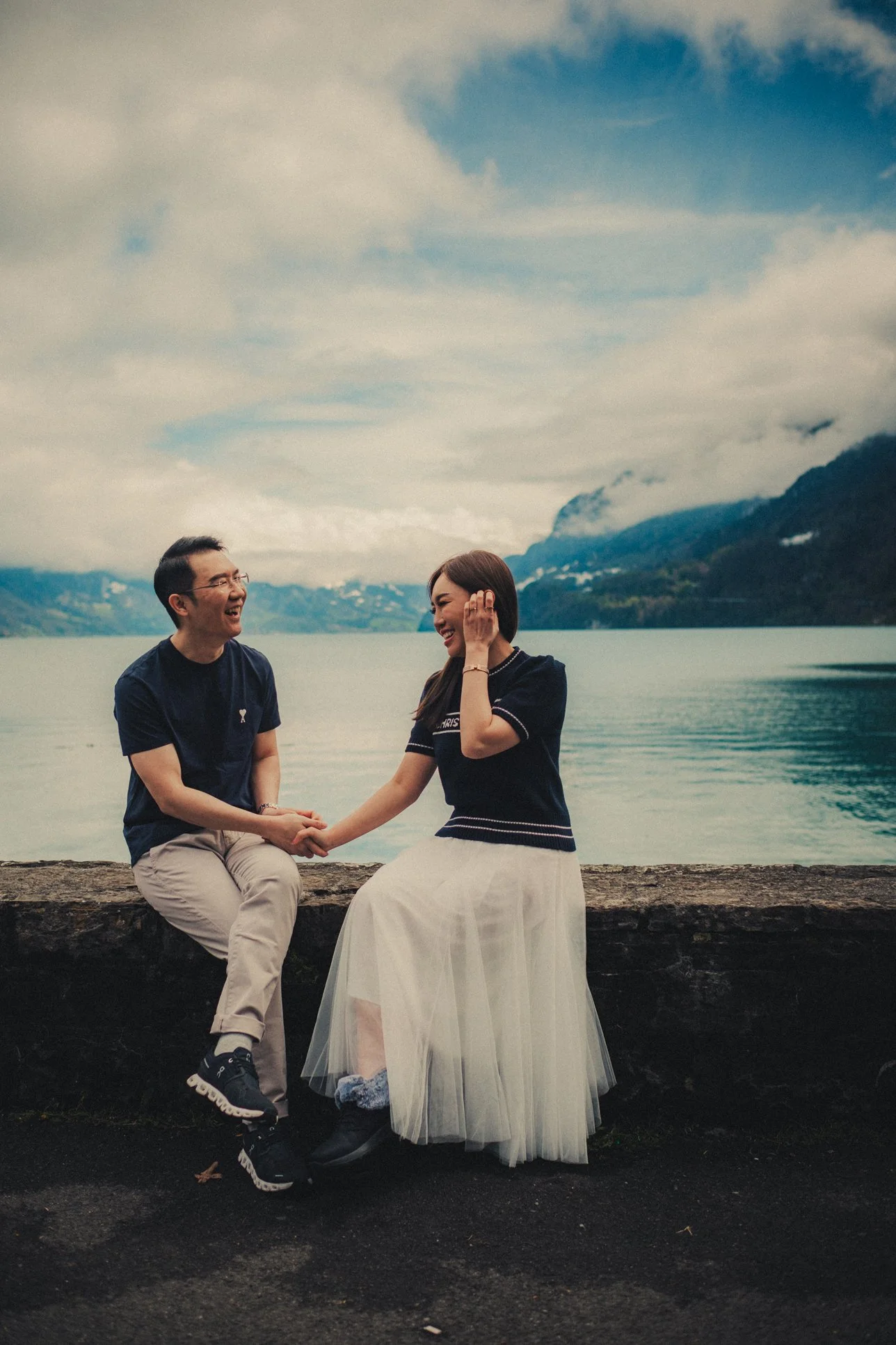 Couple enjoying their honeymoon at Lake Brienz near Interlaken.