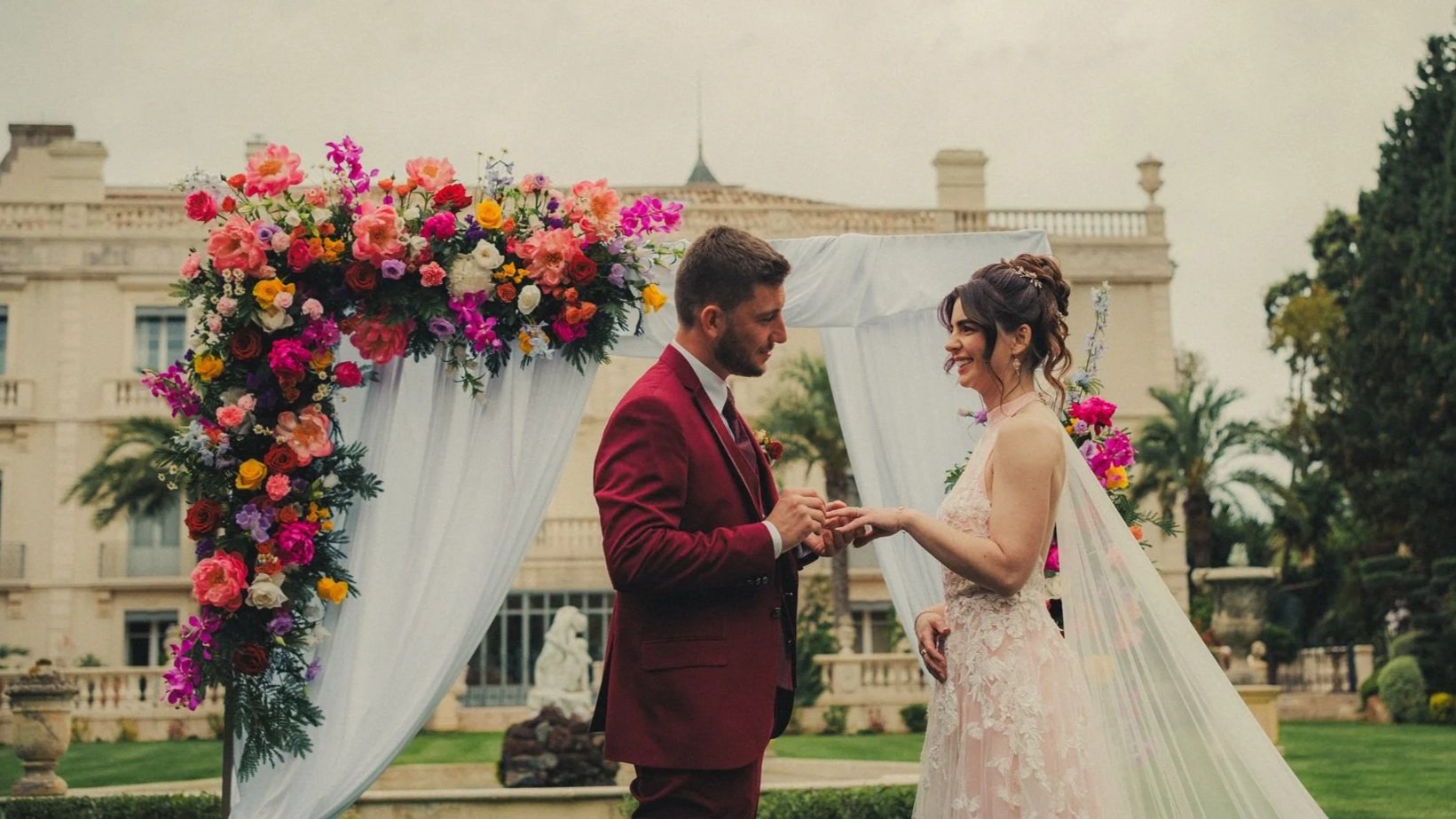 An intimate wedding couple enjoying a quiet moment in the French countryside