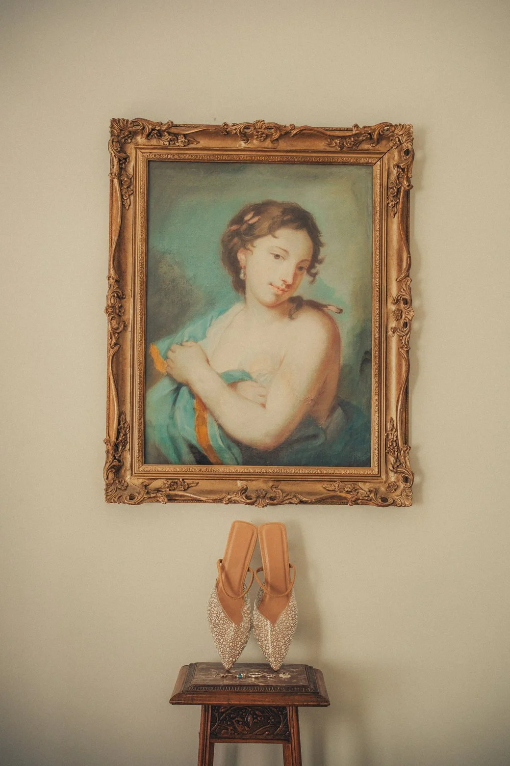 Bridal shoes with artistic French painting details at château wedding