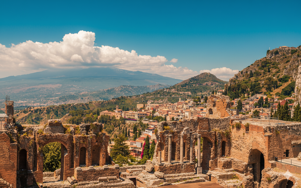 A landscape view of Taormina city in Sicily.