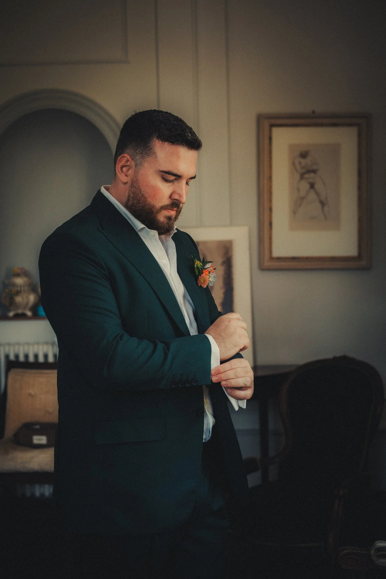 Portrait of groom before ceremony at Dordogne château wedding