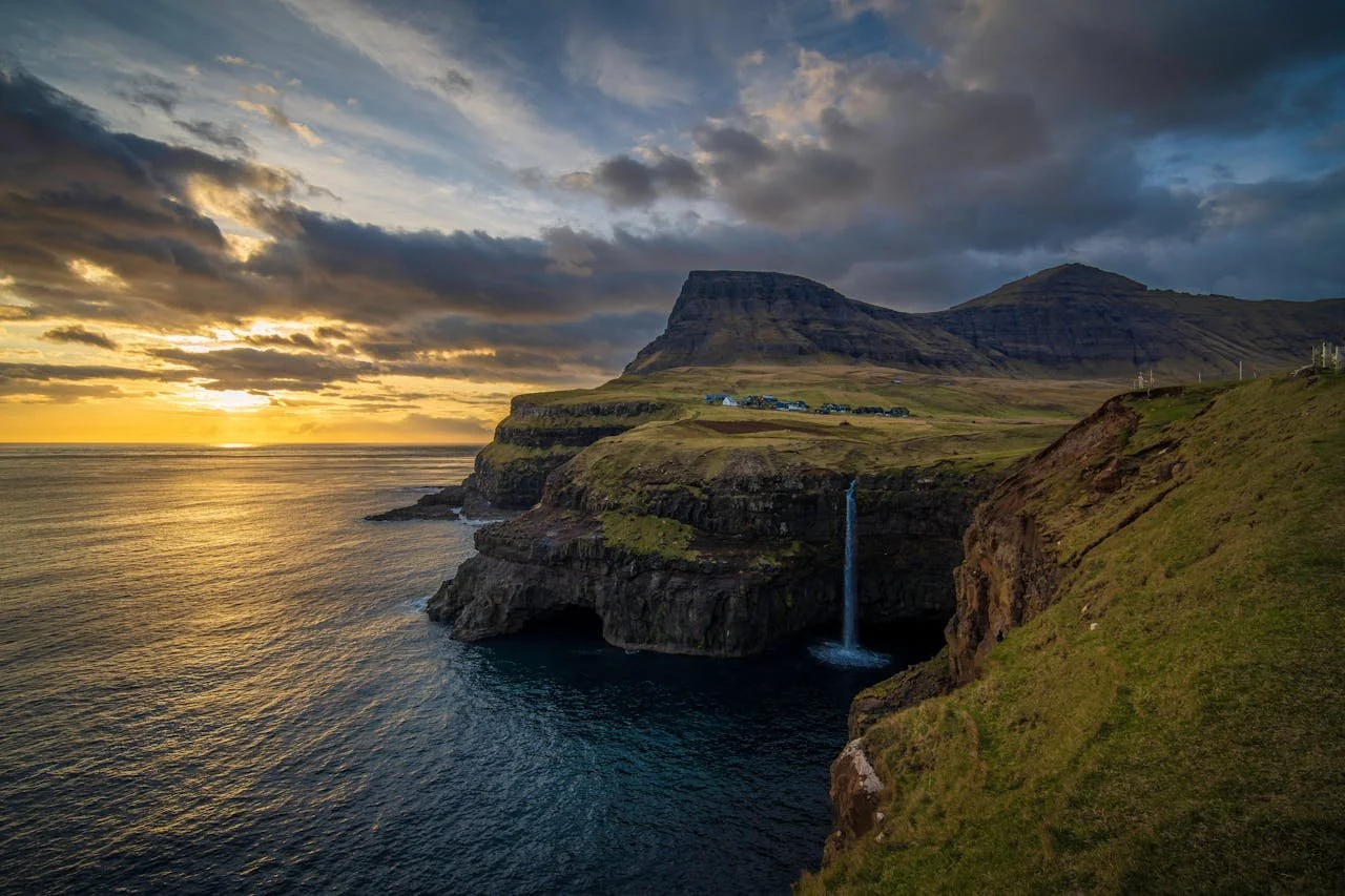 Faroe Islands elopement locations Gasadalur and Mulafossur waterfall