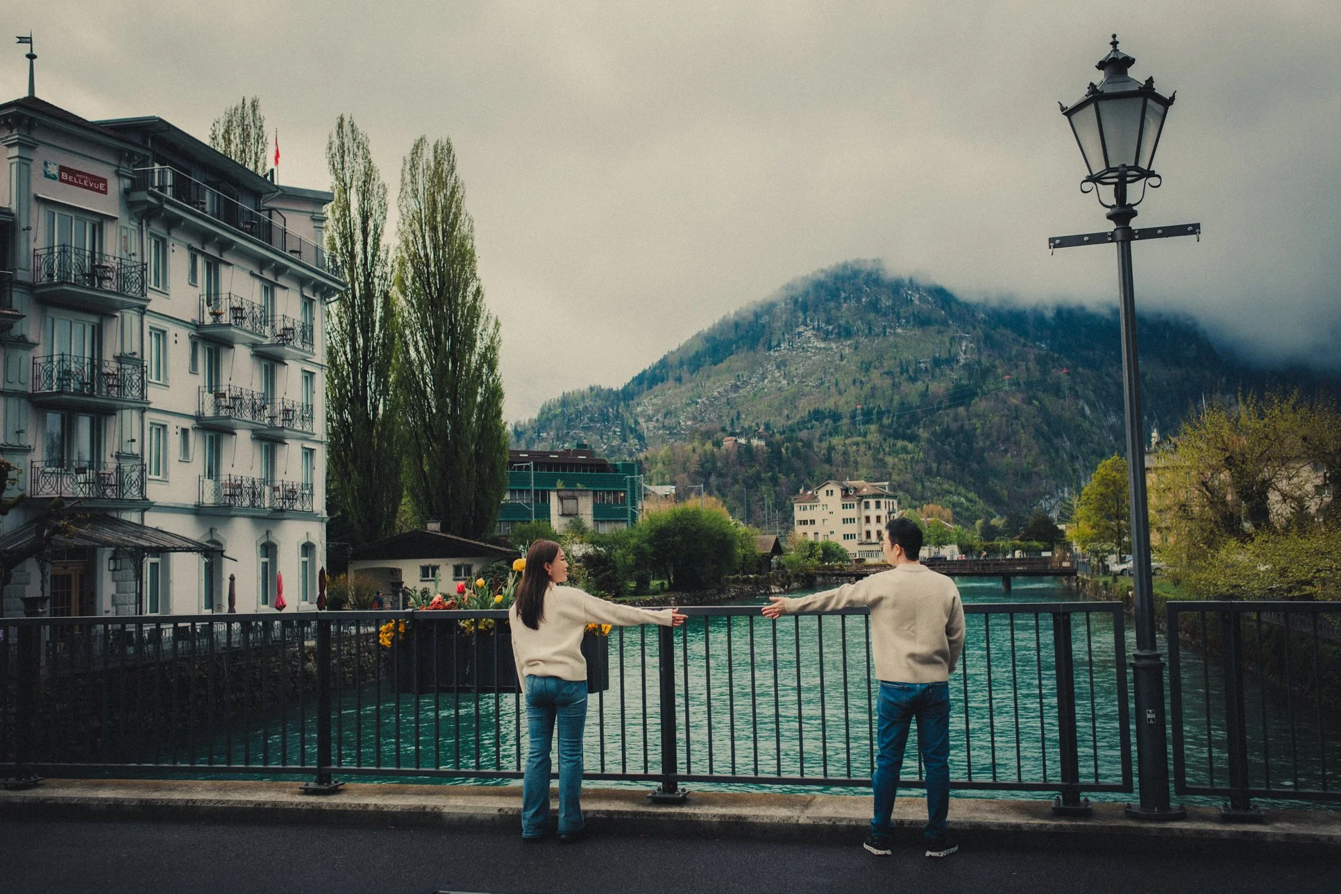 Couple enjoying a quiet walk through the centre of Interlaken.