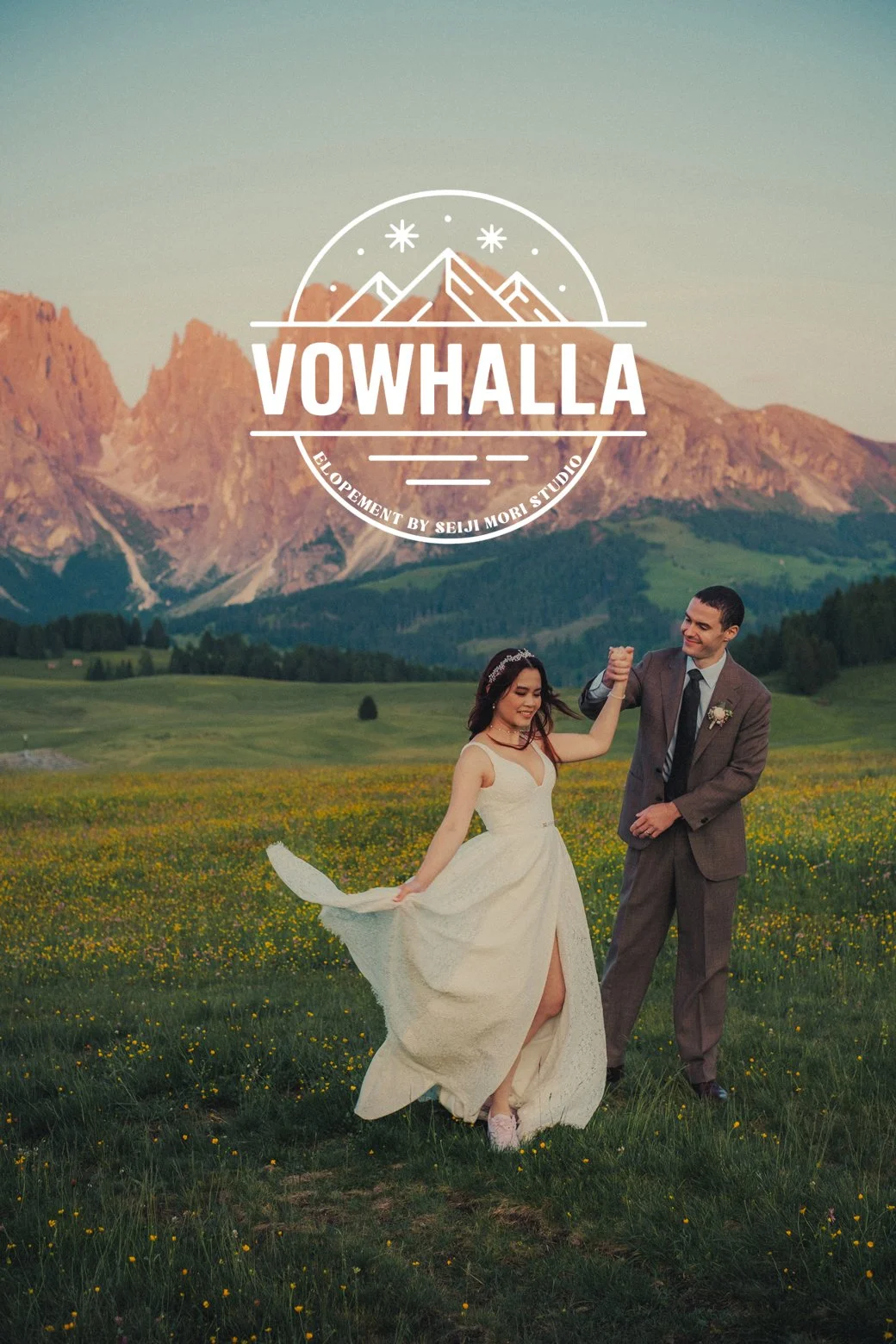 Alpe di Siusi Dolomites elopement photographer and videographer capturing a couple dancing during sunset hour