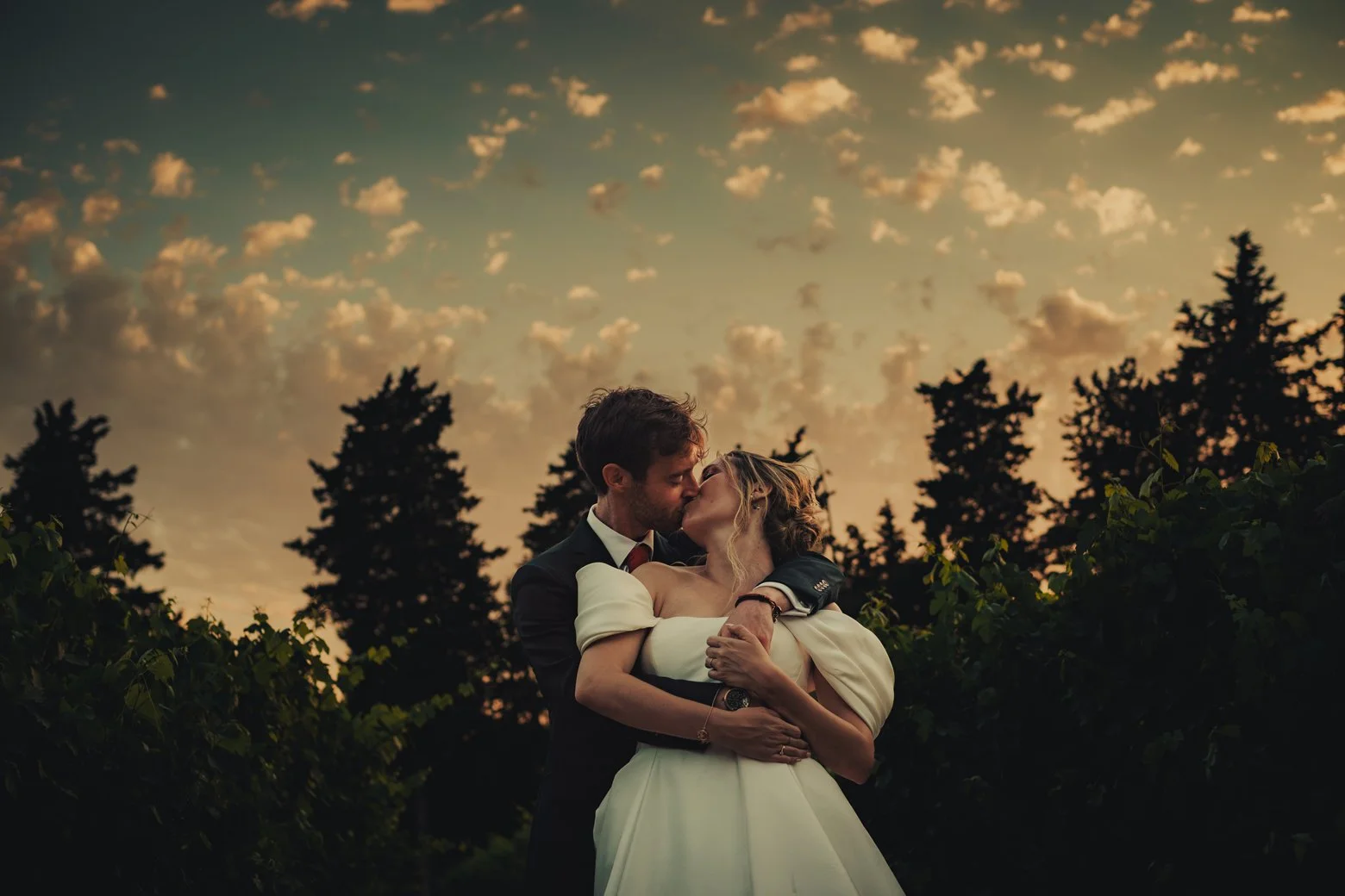 Photos de couple au coucher du soleil dans les vignes en Provence