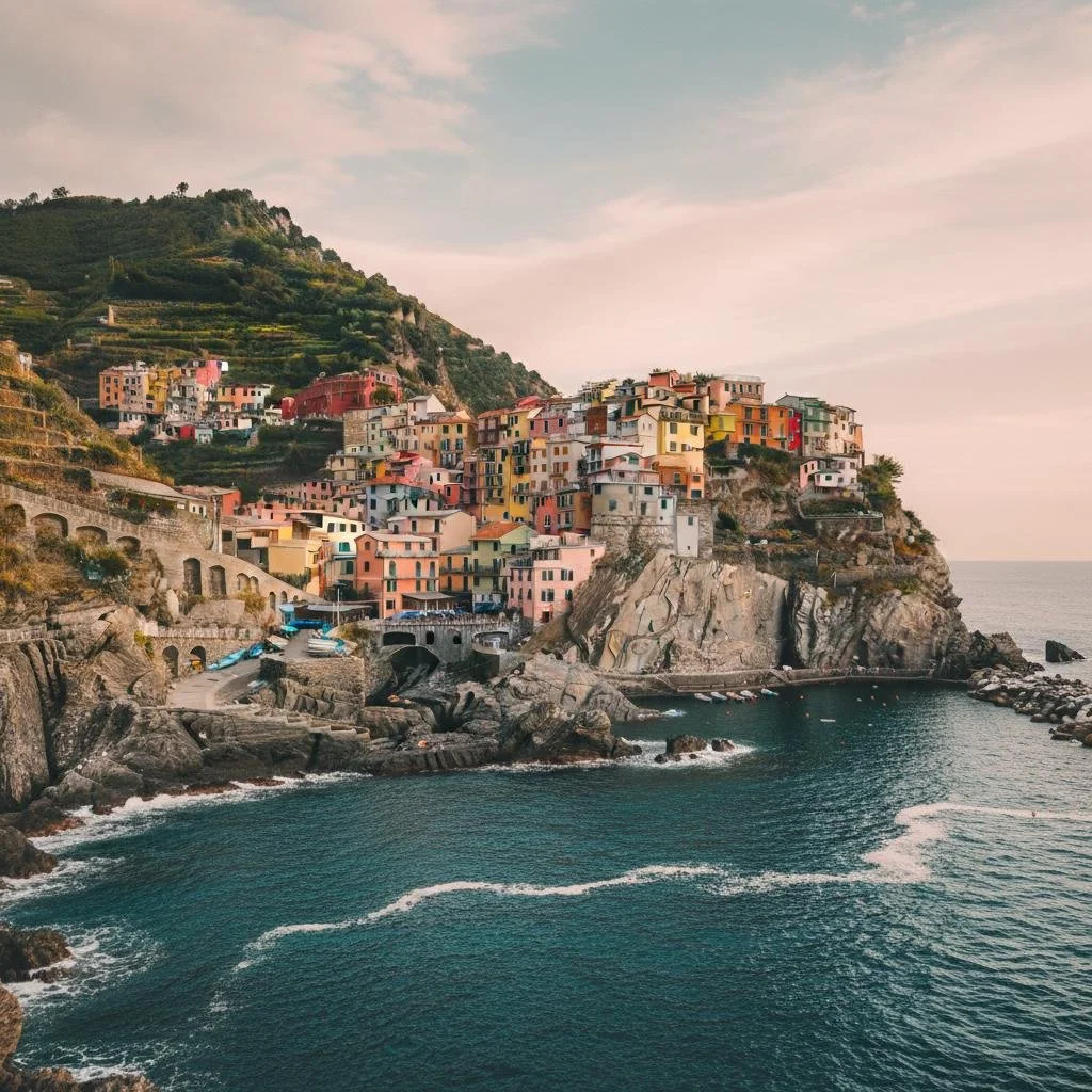 An iconic landscape view of Cinque Terre with the city and the sea.