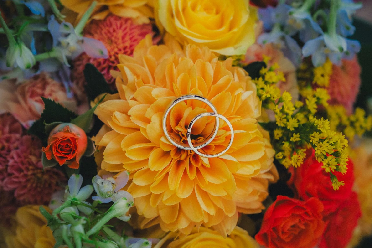 Wedding rings placed on colorful bridal bouquet during Dordogne wedding