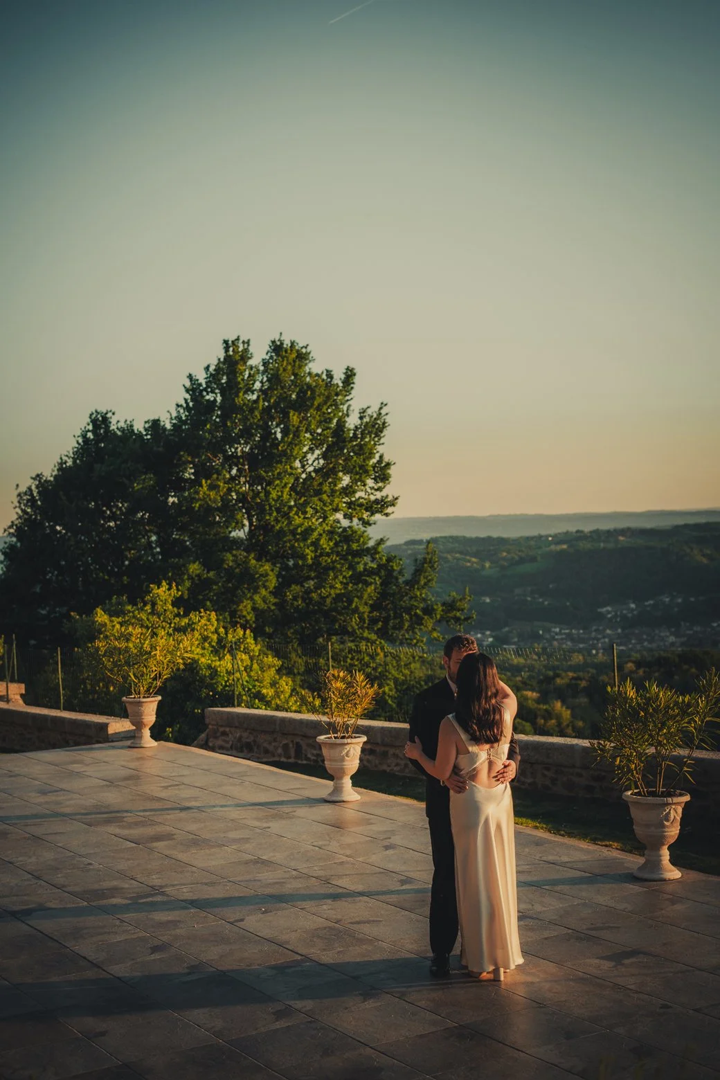 during sunset with a view at Chateau du Doux.