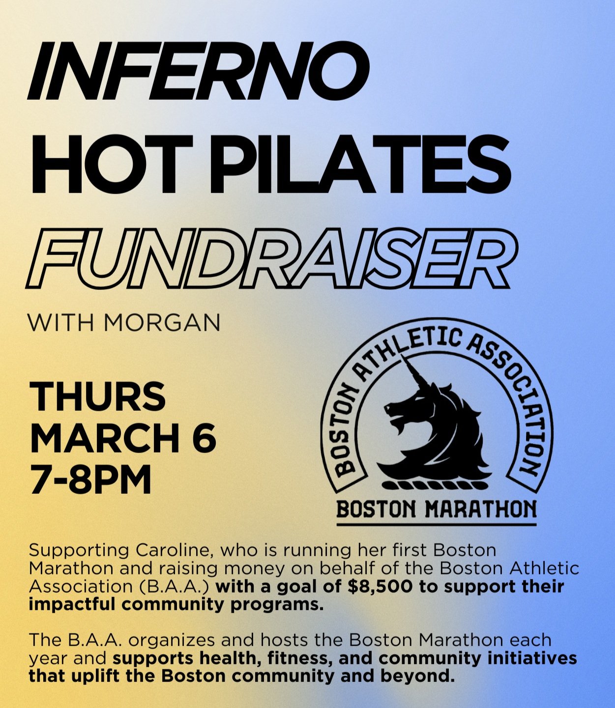 FUNDRAISER CLASS: INFERNO HOT PILATES to benefit the B.A.A