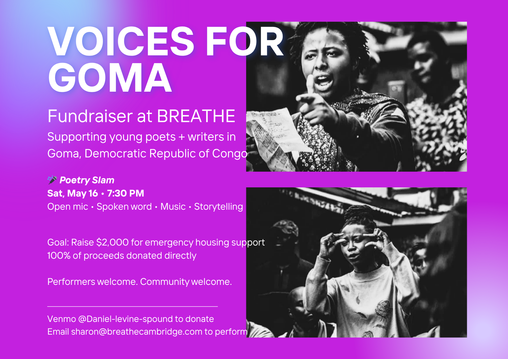 VOICES FOR GOMA: BREATHE POETRY SLAM + FUNDRAISER
