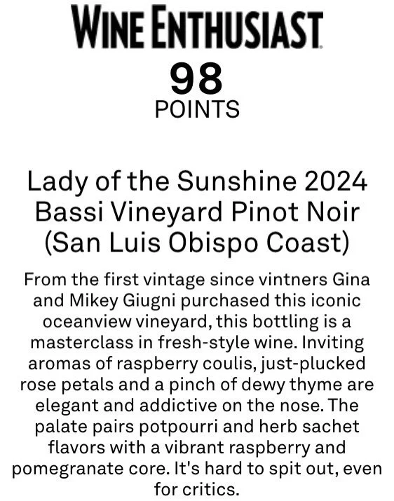Delighted ✨ to receive 98 points from @wineenthusiast writer @mattkettmann for Lady of the Sunshine&rsquo;s first vintage of Bassi Pinot Noir 🌻

2024 was a monumental year for @scar_of_the_sea and I. We jumped from farming 10 acres to 42 with the pu