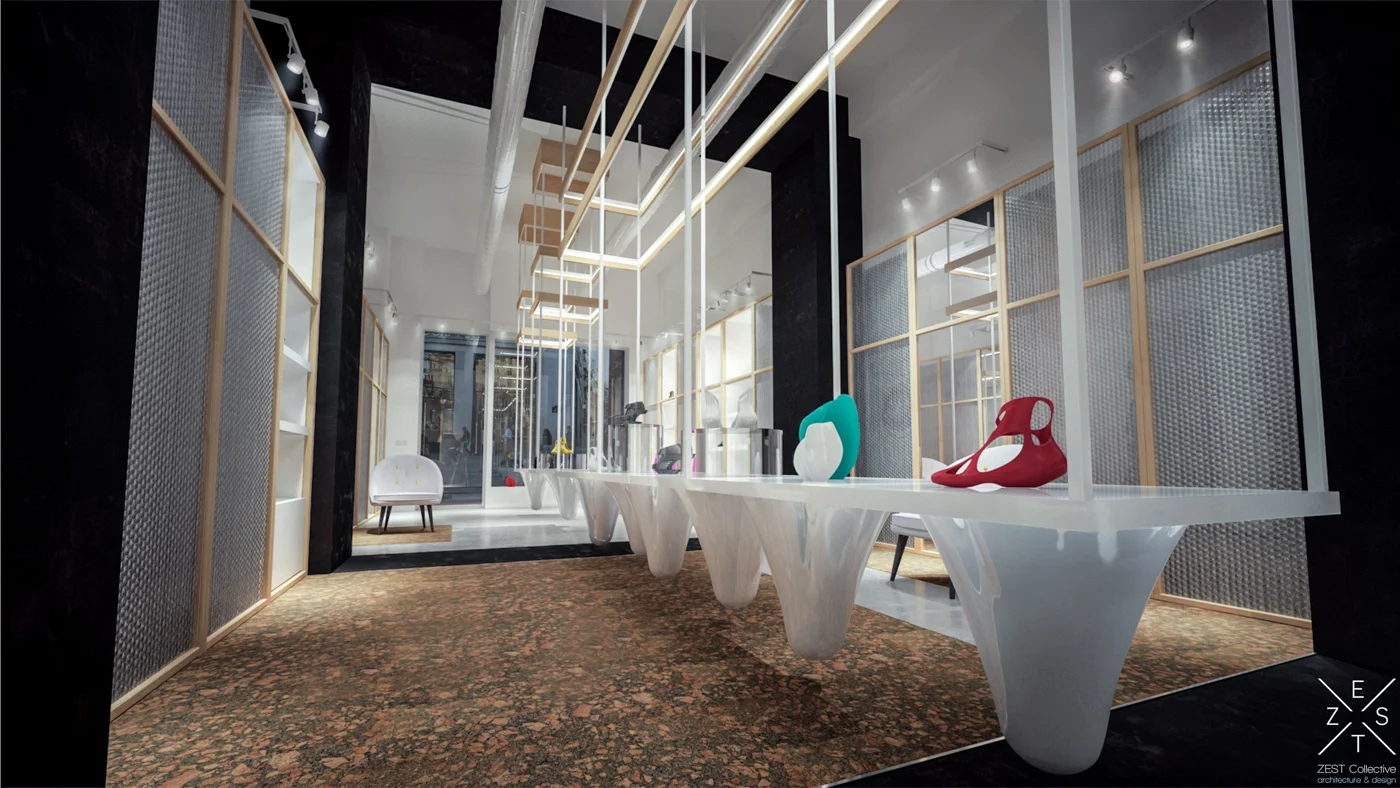 Concept Store Ana Pârvan se foloseste de un display central pentru a arata colectiile noi si de rafturi perimetrale simple, elegante, pentru a expune toate produsele.