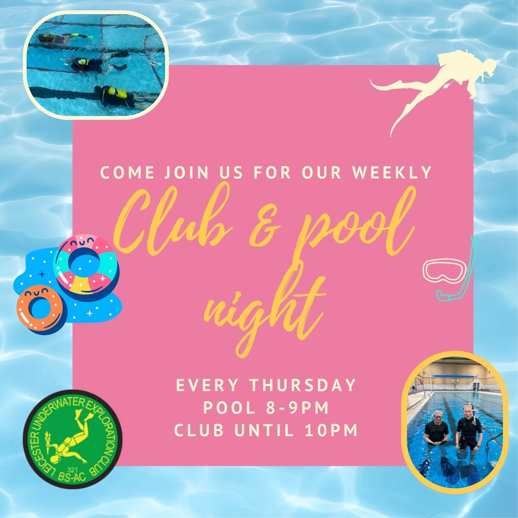 It&rsquo;s Thursday which means it&rsquo;s Dive Club Night!

The pool is open from 8pm for our private use so pop along for a swim, snorkel or to try out your new shiny dive gear. 

Remember to pop upstairs after for a chit chat, to catch up with you