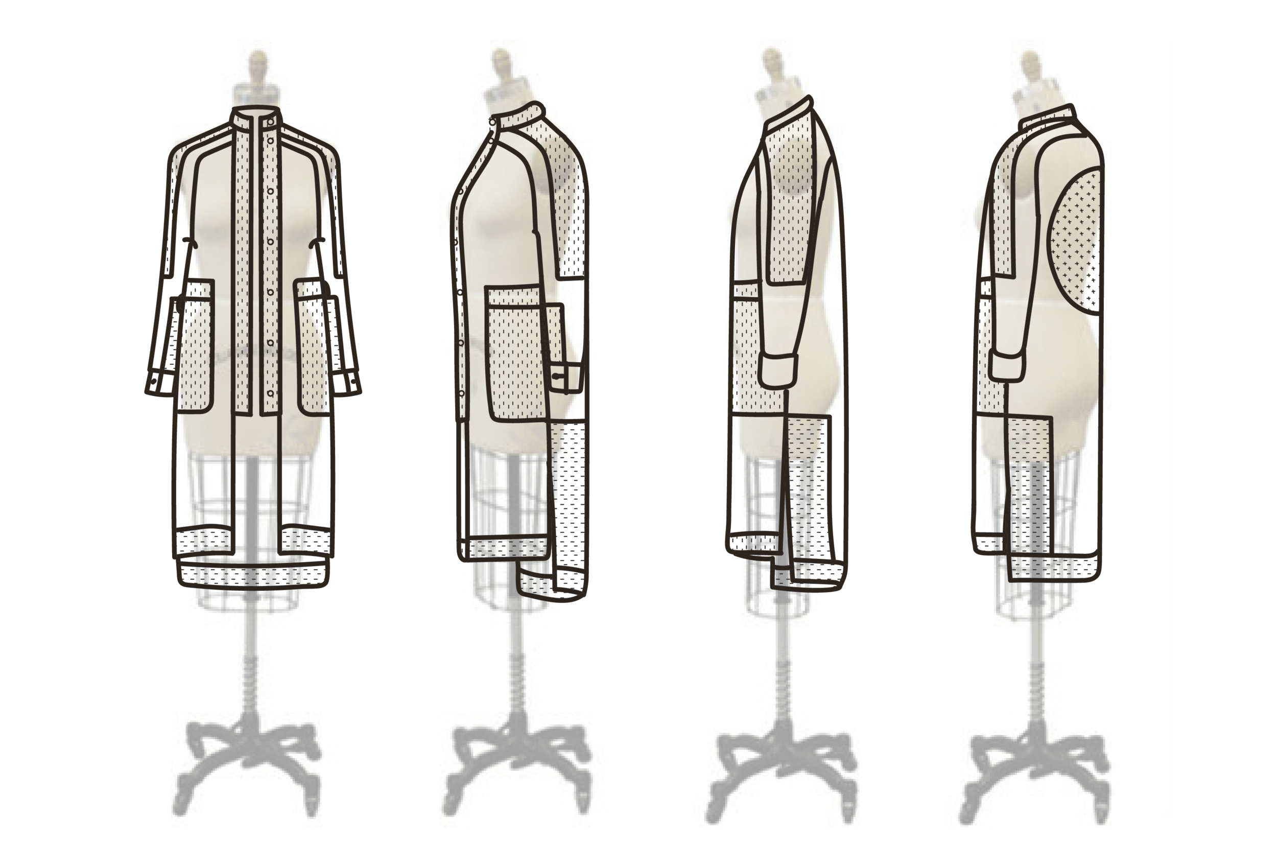 i first re-worked the details of my drawing, taking pieces from the jackets I loved from the options above and narrowing. these more detailed drawings help flush out construction details you might not get to focus on in a quick sketch