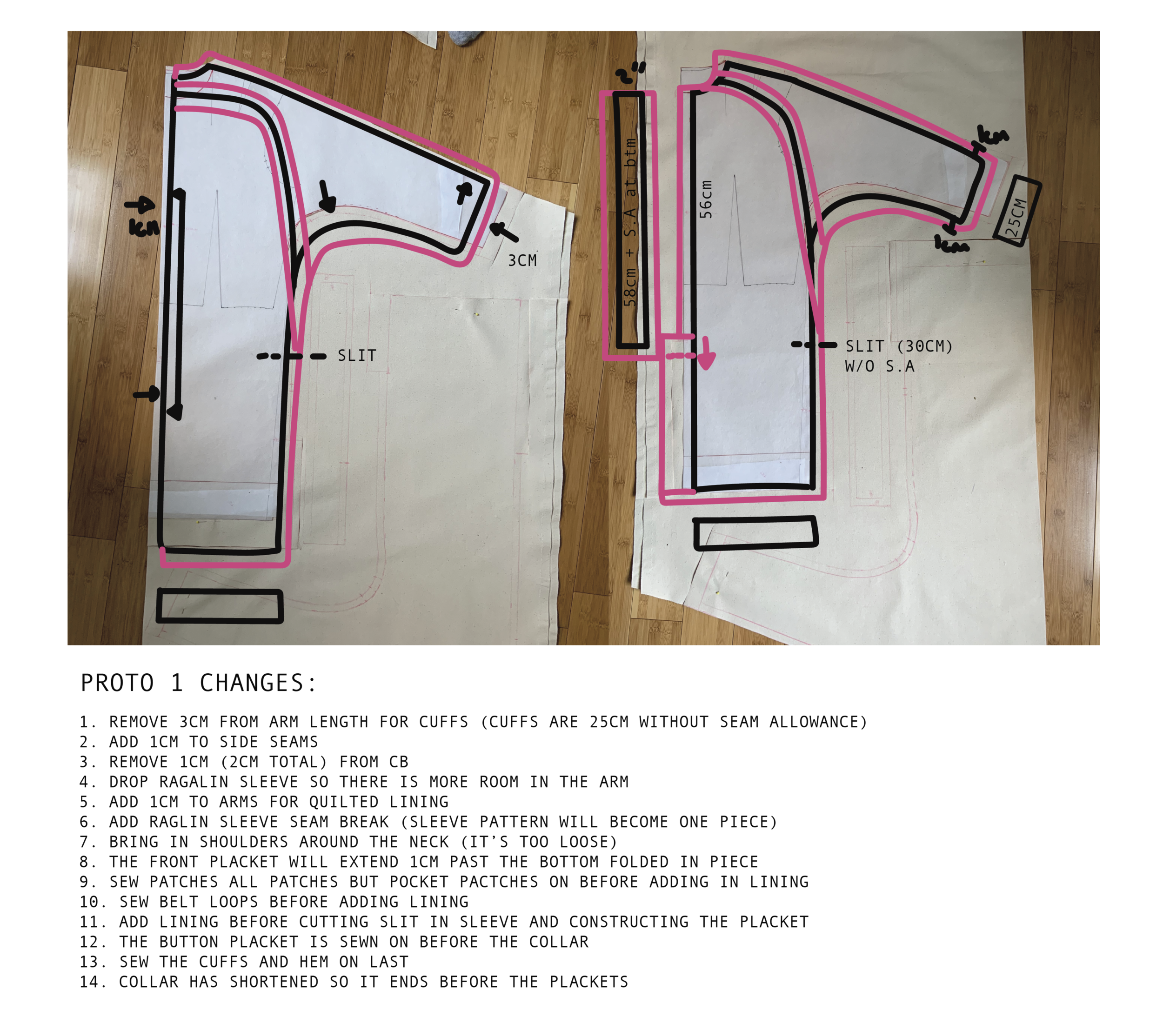 i captured my fit notes / adjustments and ordered them to quickly remake the second round proto. while i could jump to the final I wanted to rework the sleeves to become a ragalan sleeve and have a looser sleeve drop as well. better safe than sorry.…