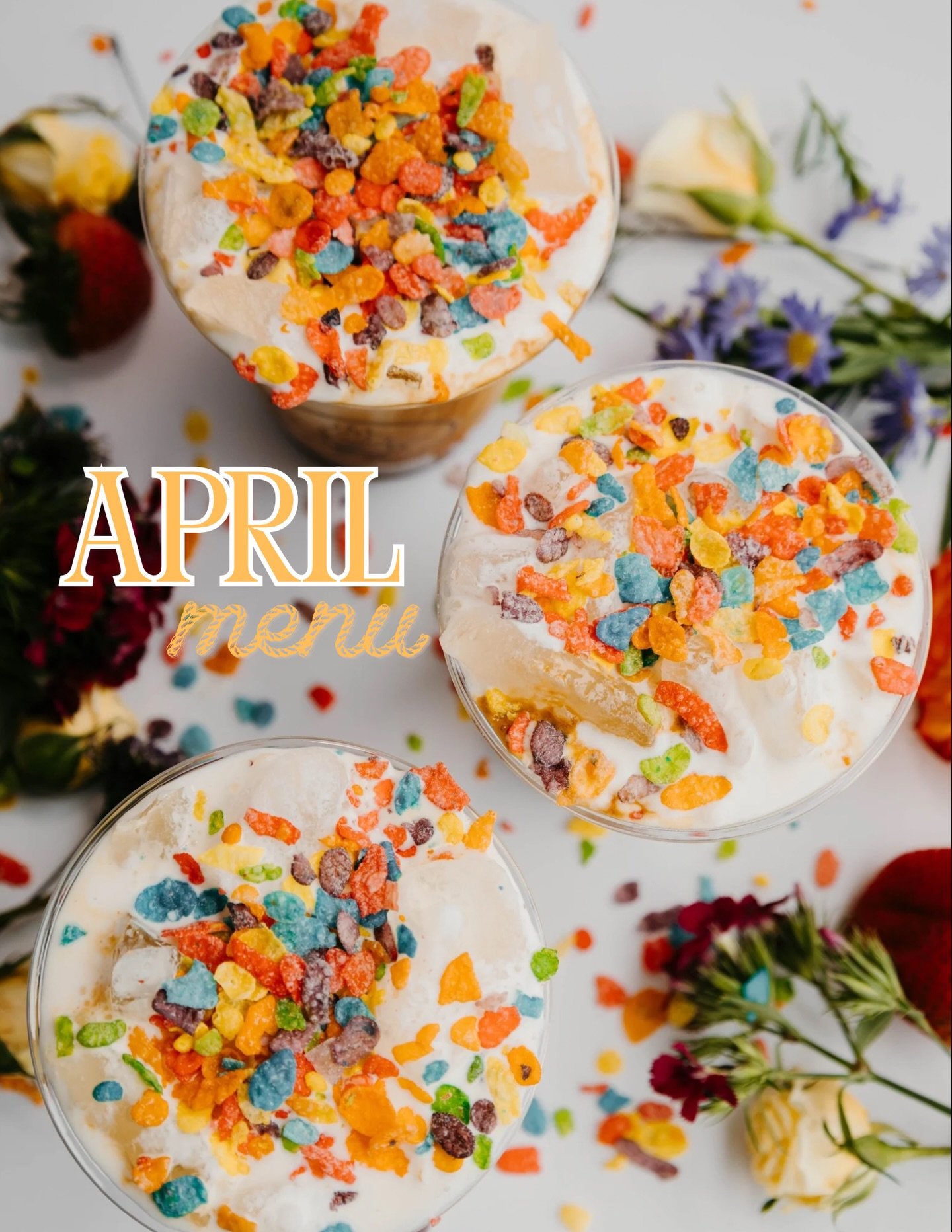 APRIL MENU IS HERE 🍉🍓🌸☀️

4 uniquely created drinks by our staff + team that are the perfect taste of spring! Here for the entire month!

FRUITY PEBBLES LATTE 🍌🍎🍓
 A white chocolate + lavender latte topped off with cold foam and classic fruity 